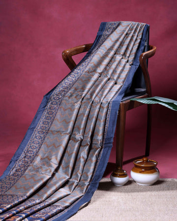 Elegant Semi Tussar Saree with Zigzag Woven Pattern and Intricate Traditional Ethnic Border - Grey