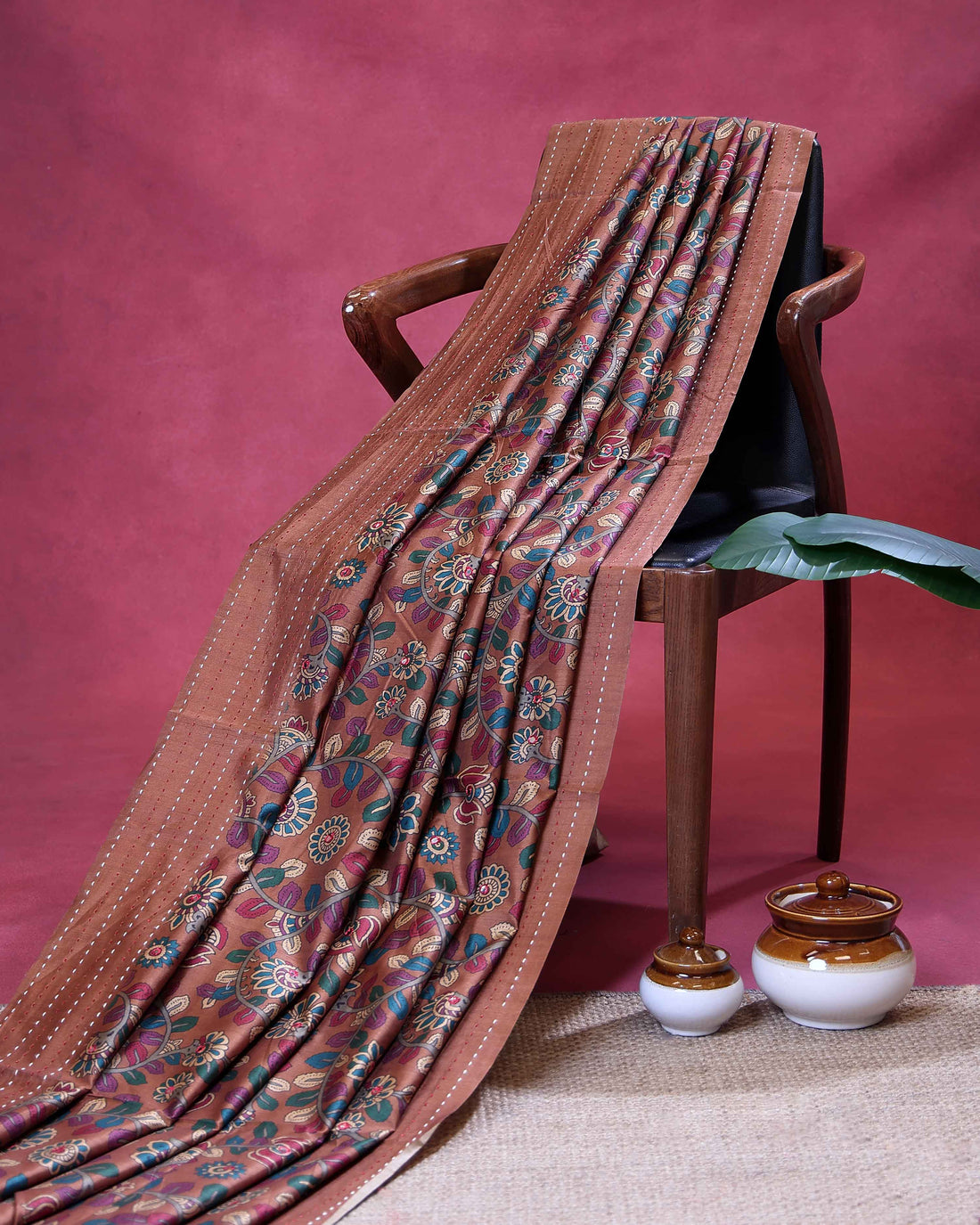 Elegant Semi Tussar Silk Saree with All-Over Floral Vine Print and Elegant Thread Work Border - Dark Brown