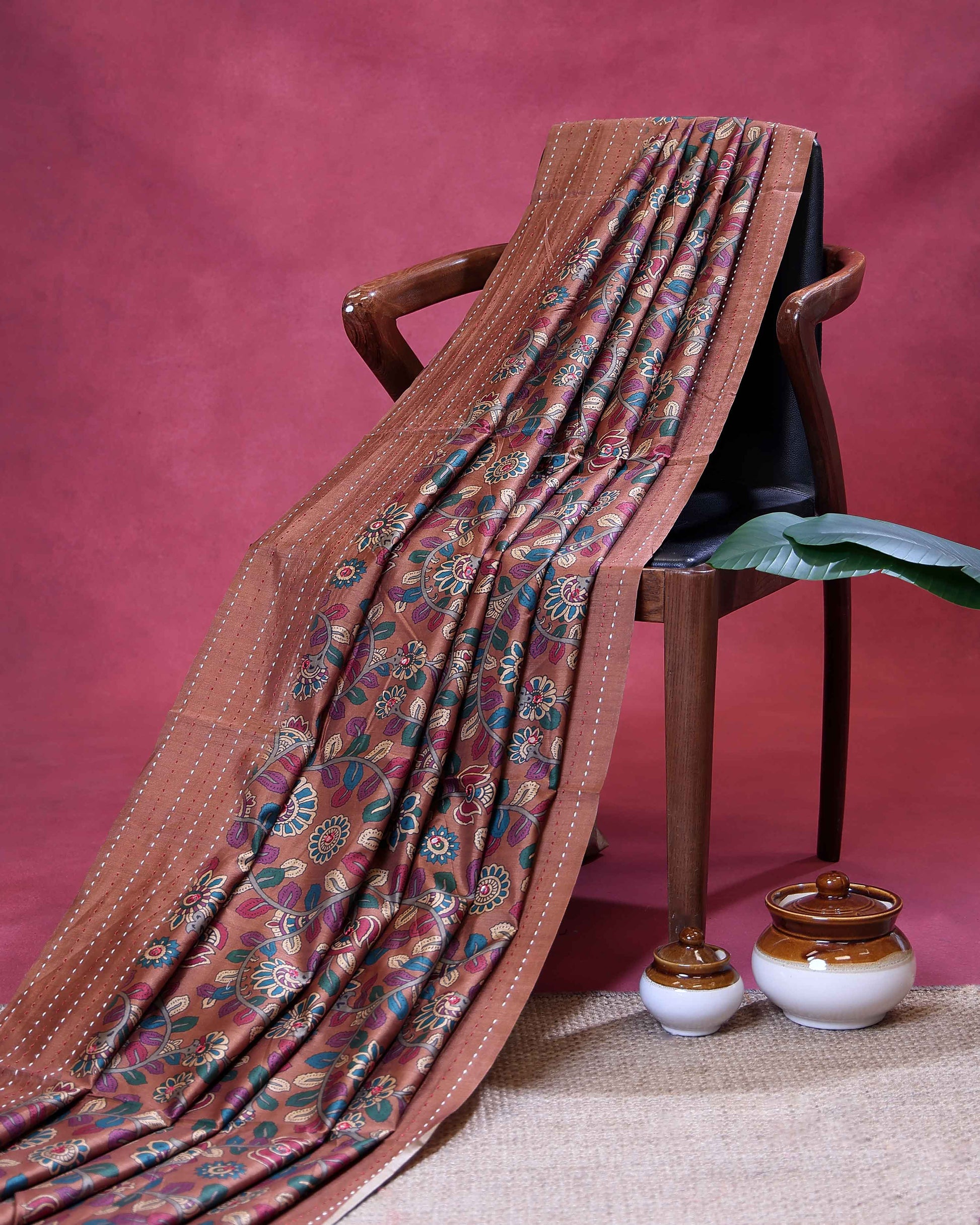 Elegant Semi Tussar Silk Saree with All-Over Floral Vine Print and Elegant Thread Work Border - Dark Brown