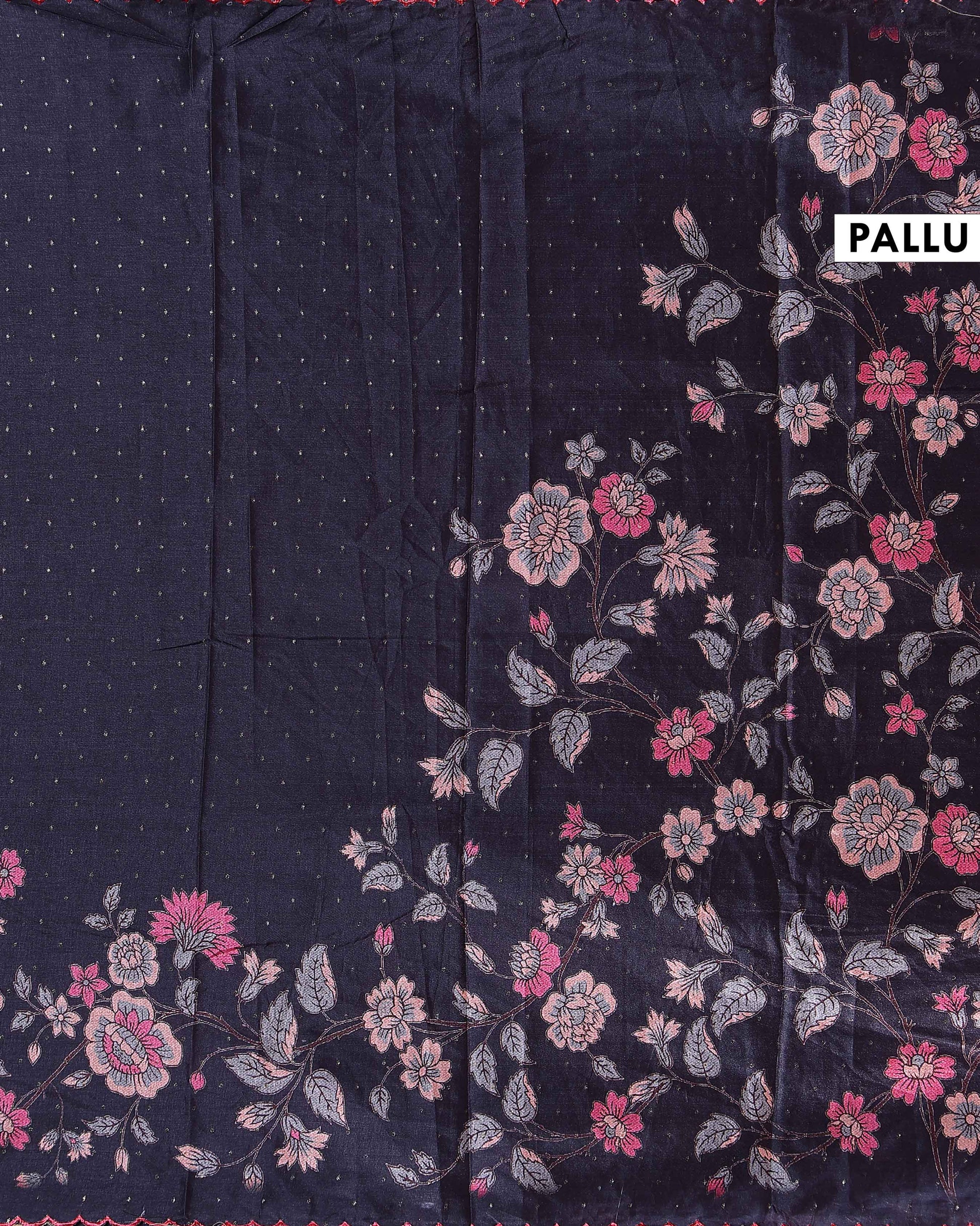 Elegant Semi Tussar Silk Saree with Floral Embroidery and Zari Dots -  Black