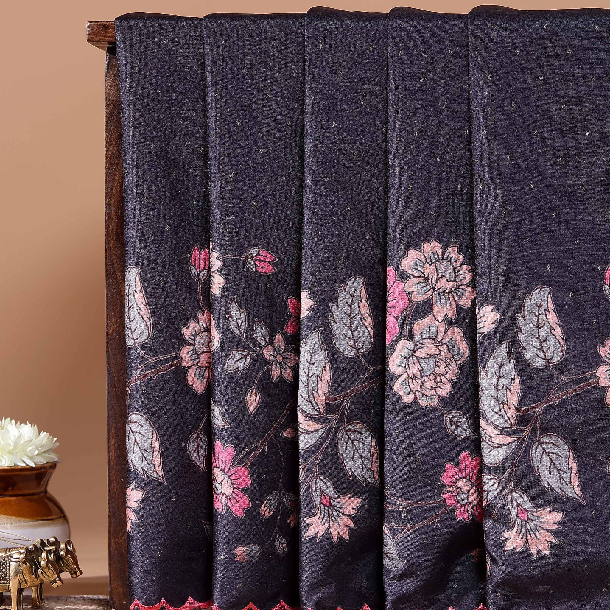 Elegant Semi Tussar Silk Saree with Floral Embroidery and Zari Dots -  Black