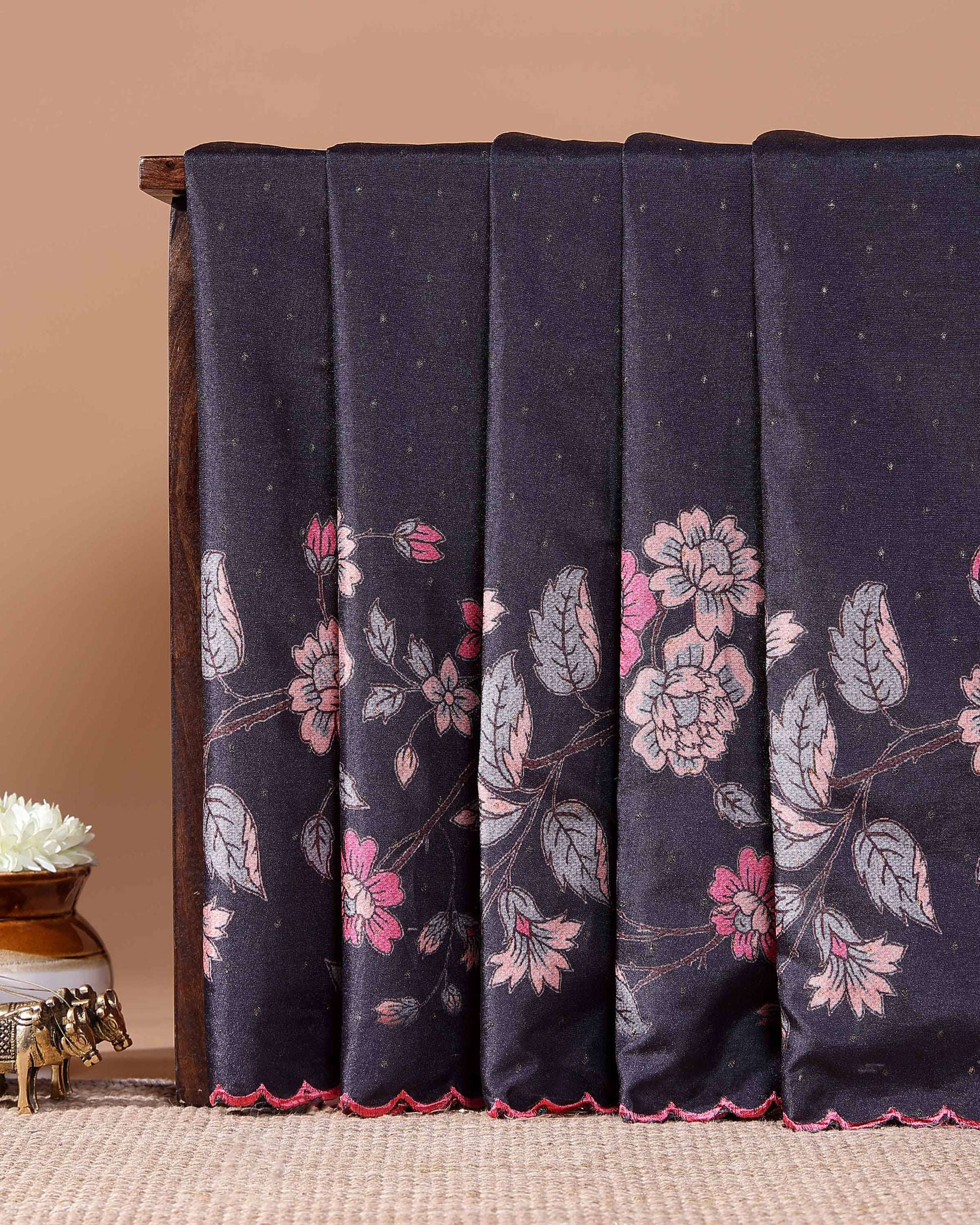 Elegant Semi Tussar Silk Saree with Floral Embroidery and Zari Dots -  Black
