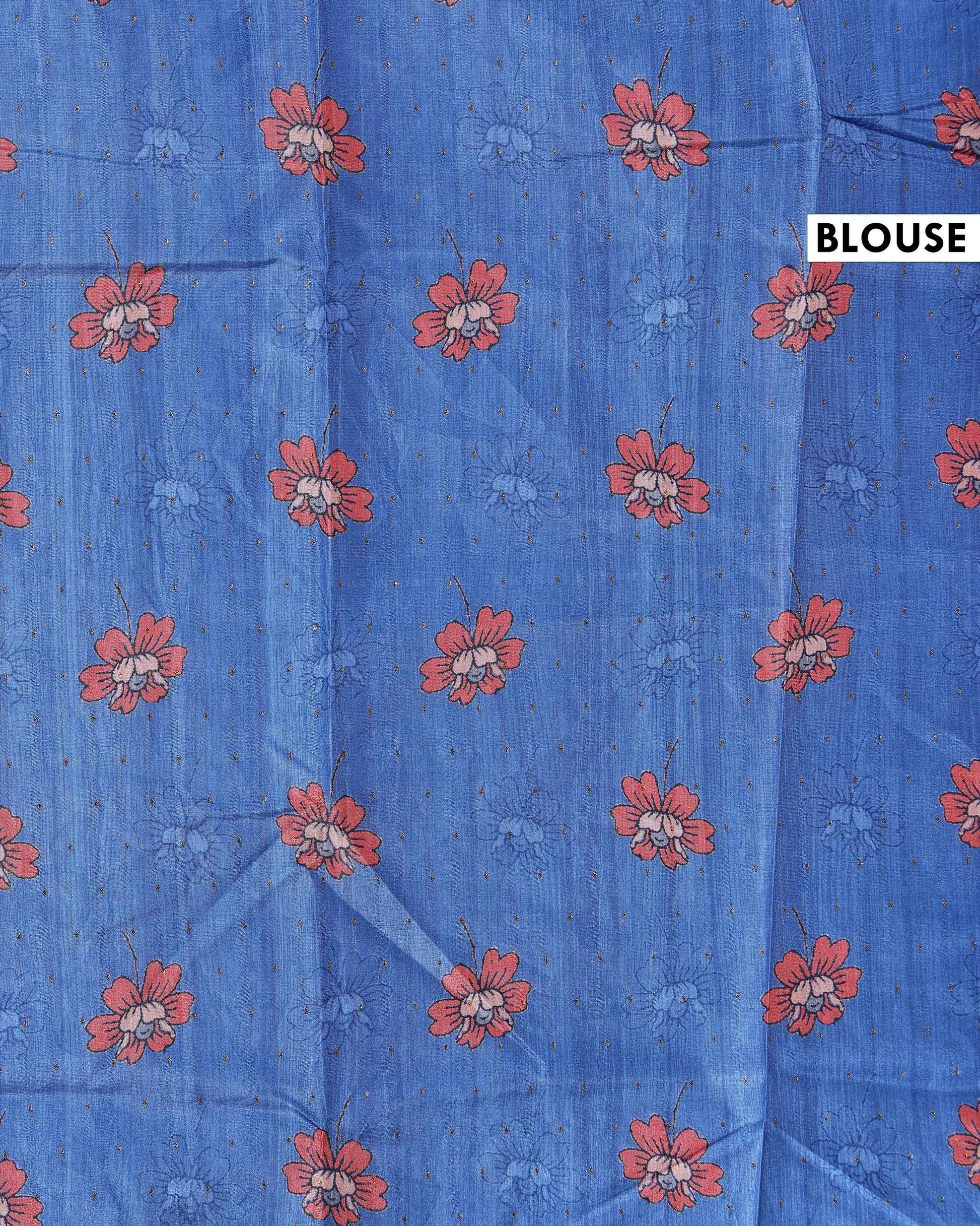 Elegant Semi Tussar Silk Saree with Floral Embroidery and Zari Dots -  Blue
