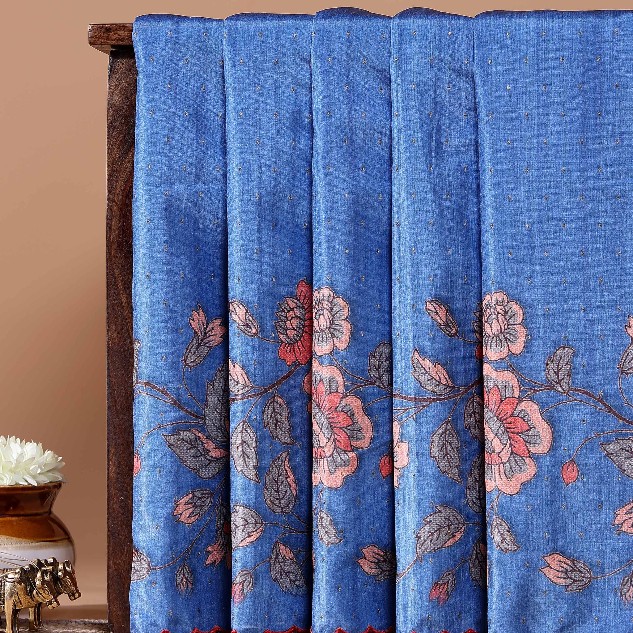 Elegant Semi Tussar Silk Saree with Floral Embroidery and Zari Dots -  Blue