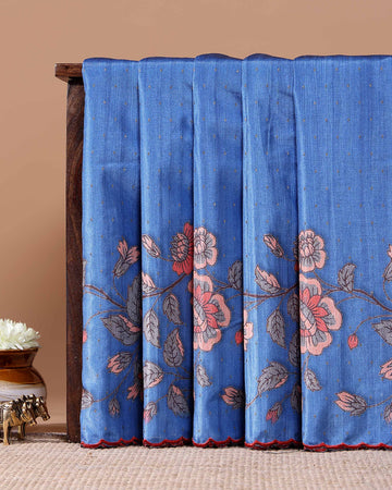 Elegant Semi Tussar Silk Saree with Floral Embroidery and Zari Dots -  Blue