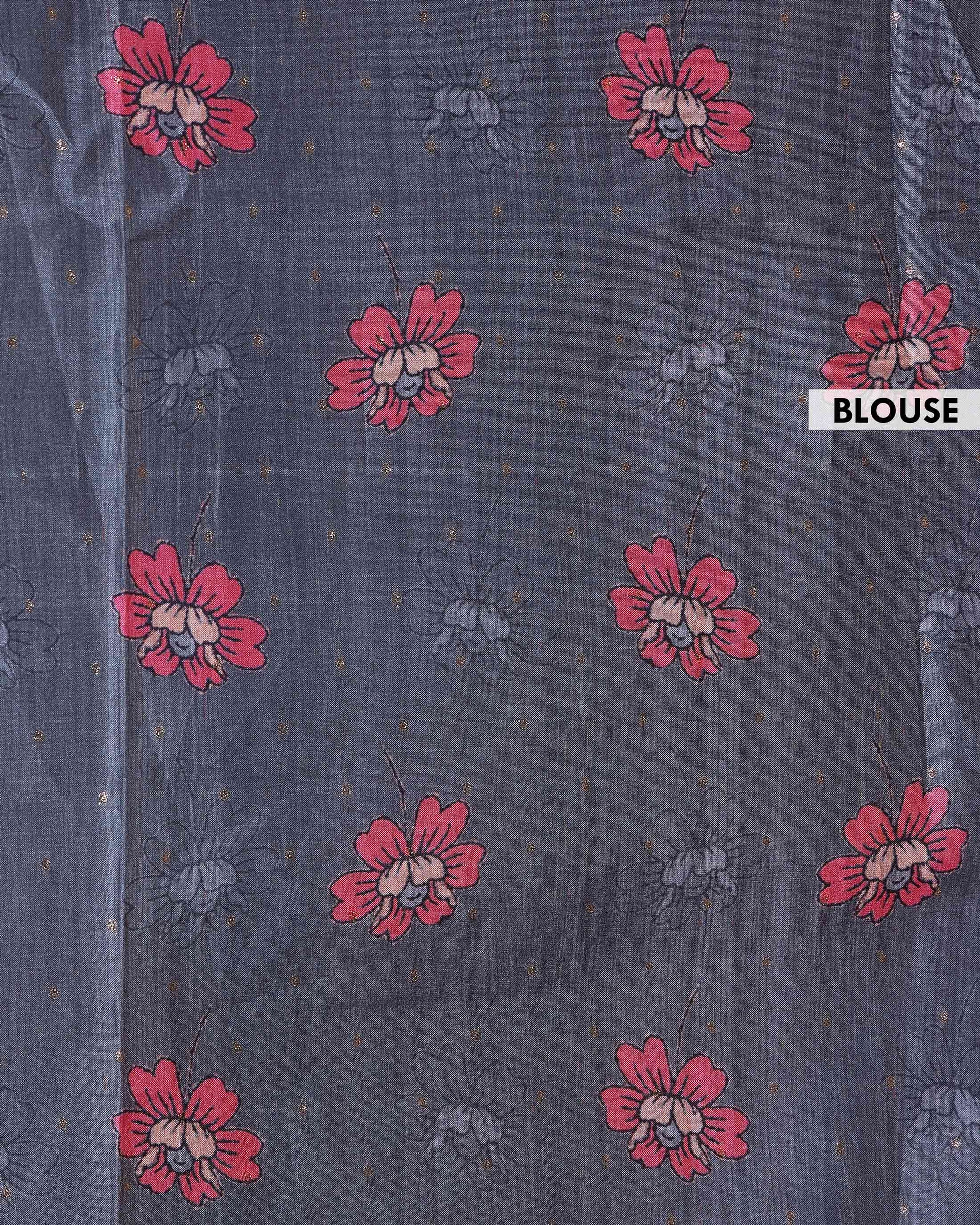 Elegant Semi Tussar Silk Saree with Floral Embroidery and Zari Dots - Dark Grey