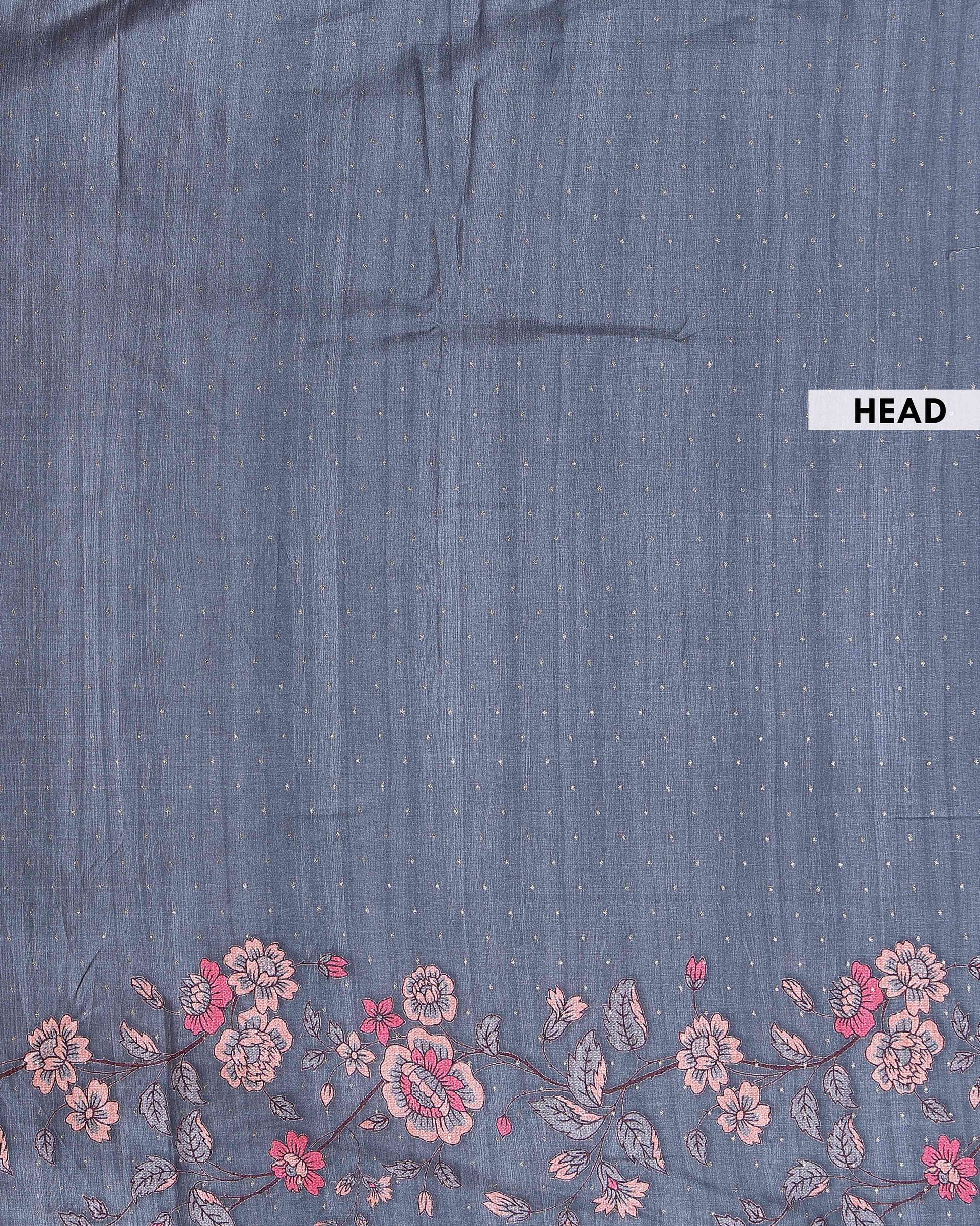 Elegant Semi Tussar Silk Saree with Floral Embroidery and Zari Dots - Dark Grey