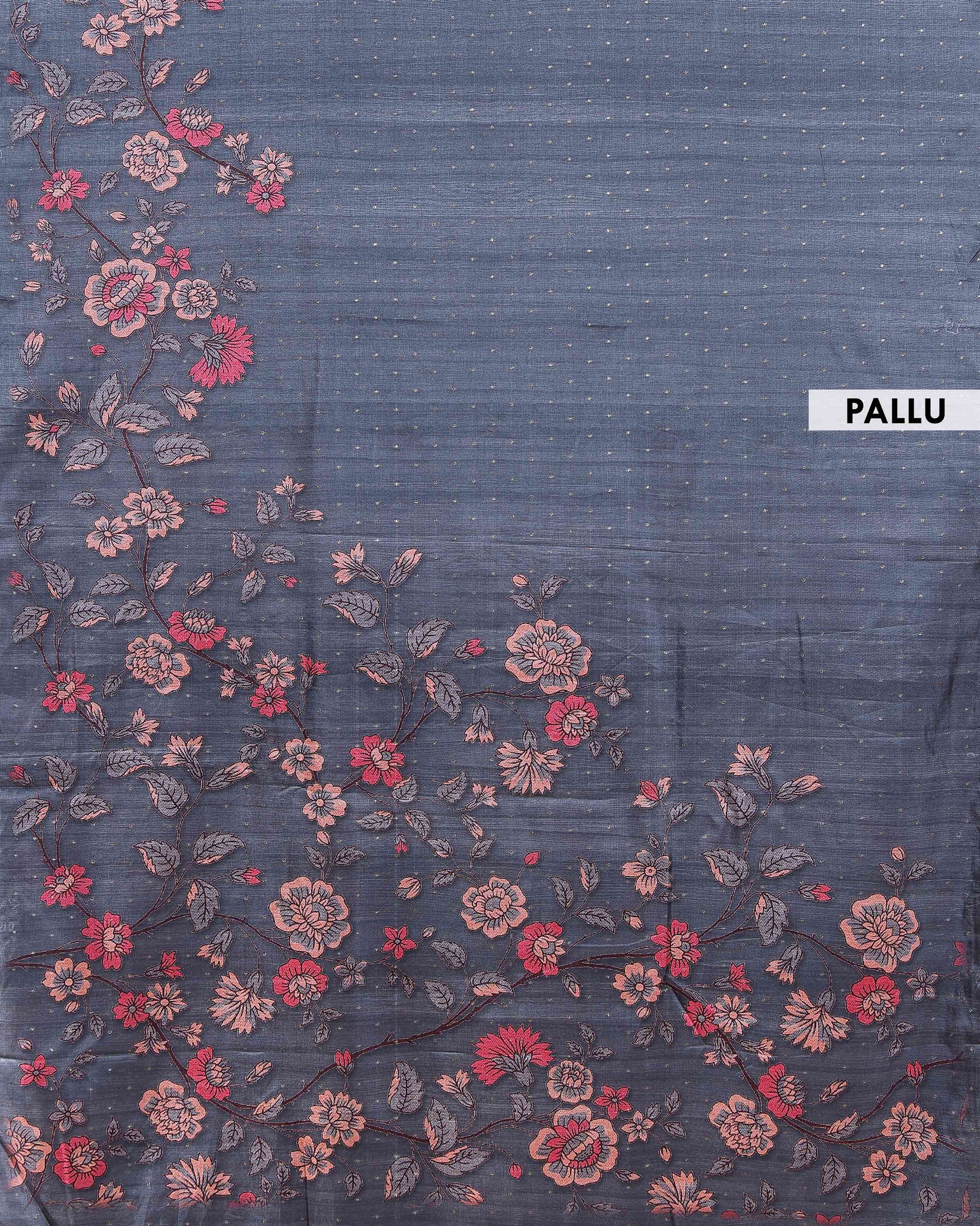 Elegant Semi Tussar Silk Saree with Floral Embroidery and Zari Dots - Dark Grey