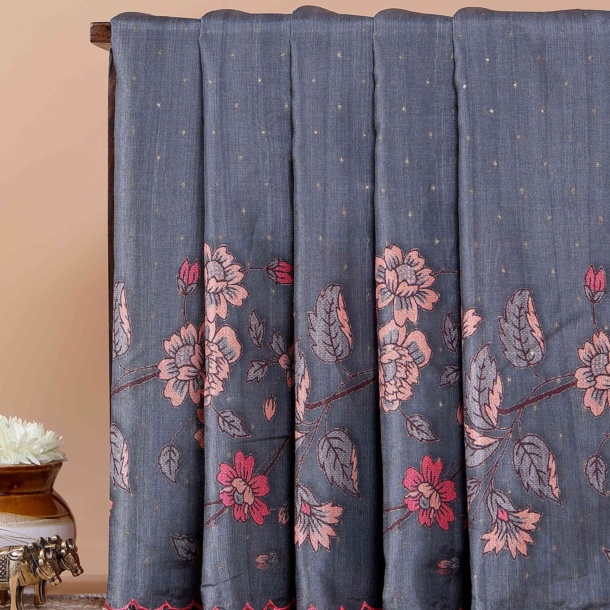 Elegant Semi Tussar Silk Saree with Floral Embroidery and Zari Dots - Dark Grey