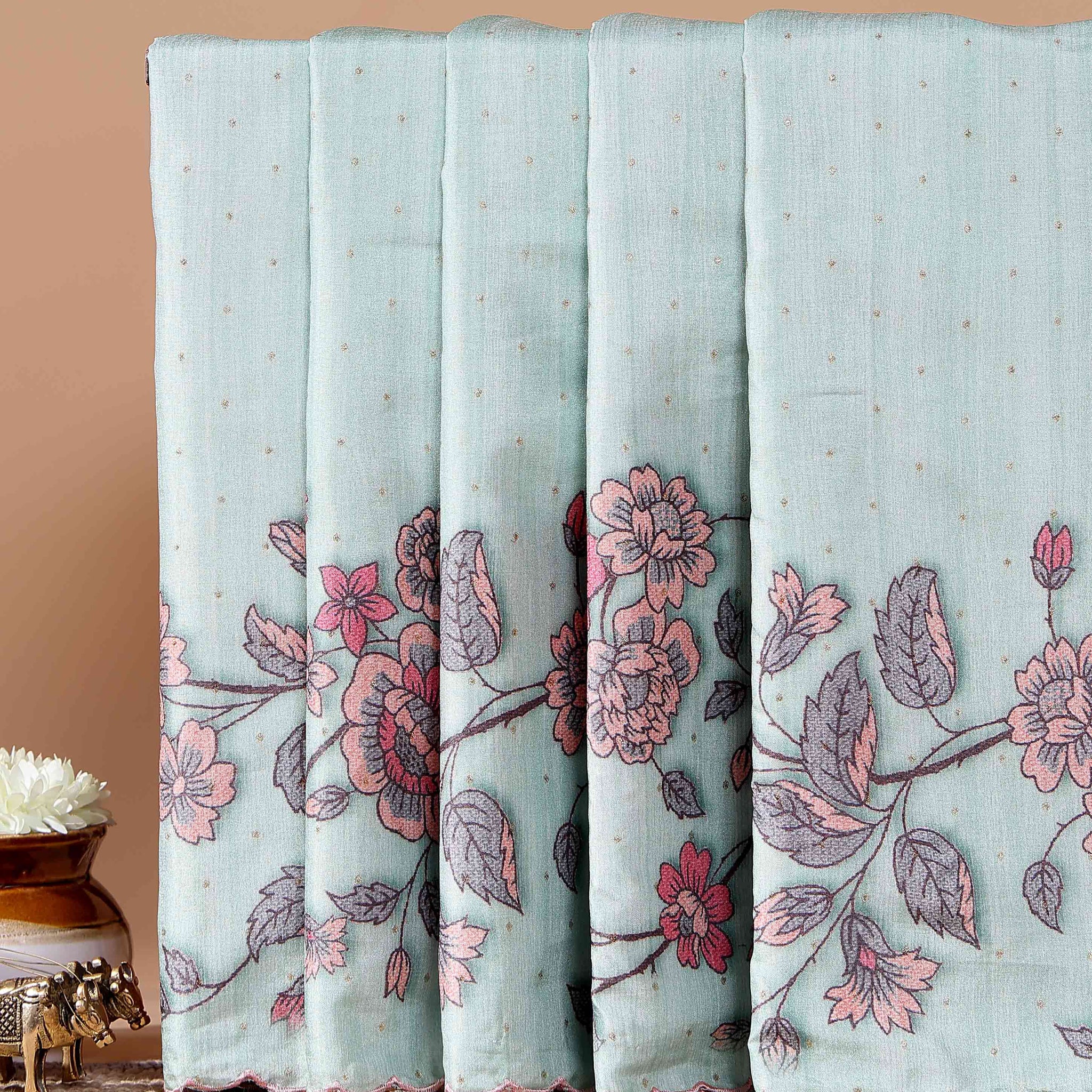 Elegant Semi Tussar Silk Saree with Floral Embroidery and Zari Dots - Green