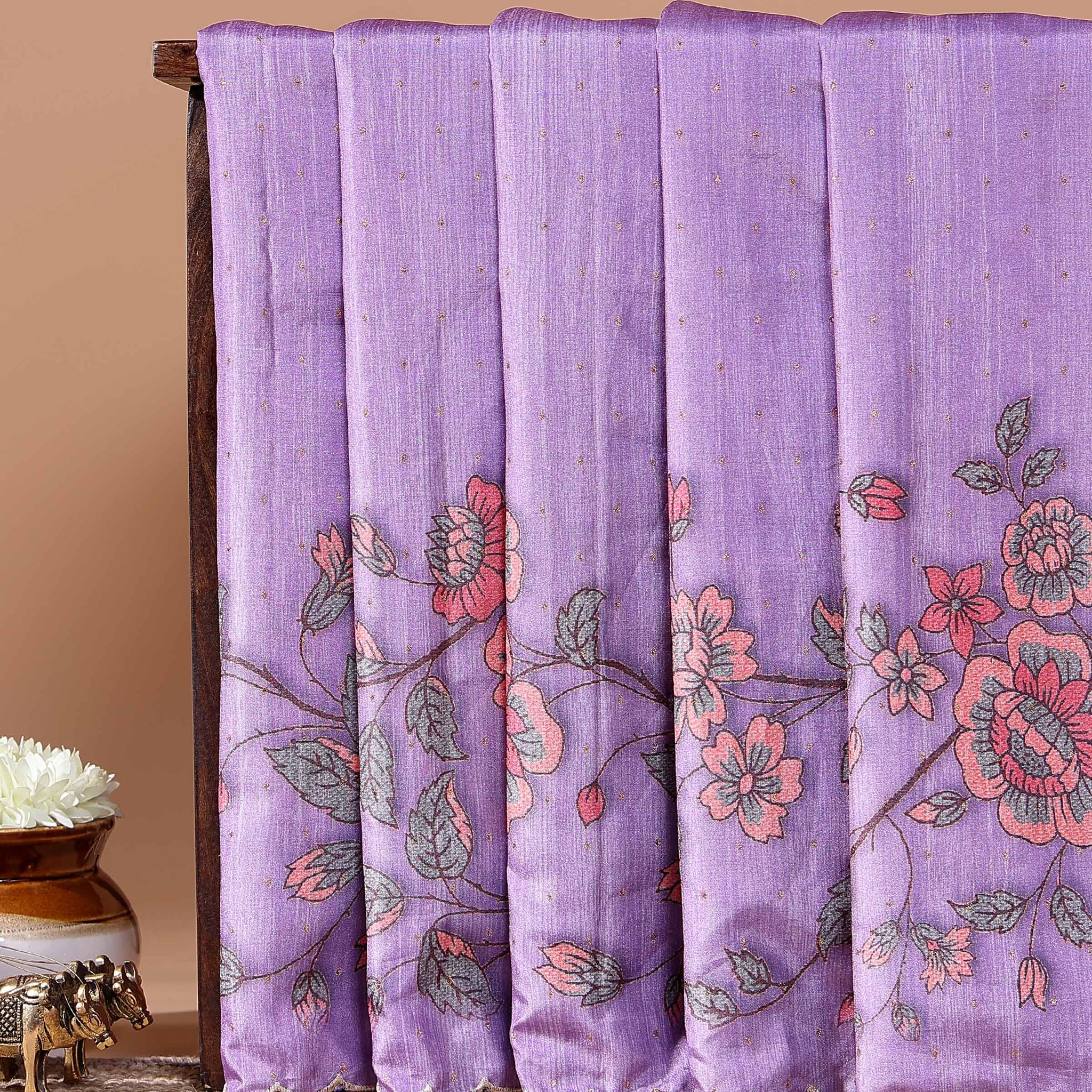 Elegant Semi Tussar Silk Saree with Floral Embroidery and Zari Dots -  Lavender