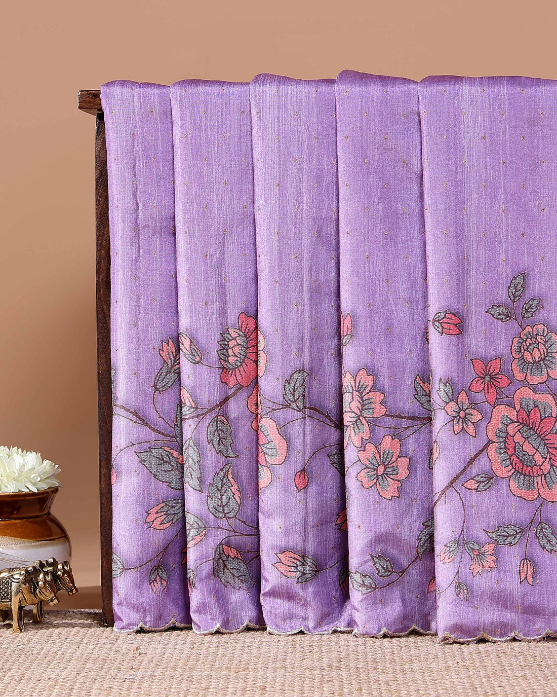 Elegant Semi Tussar Silk Saree with Floral Embroidery and Zari Dots -  Lavender