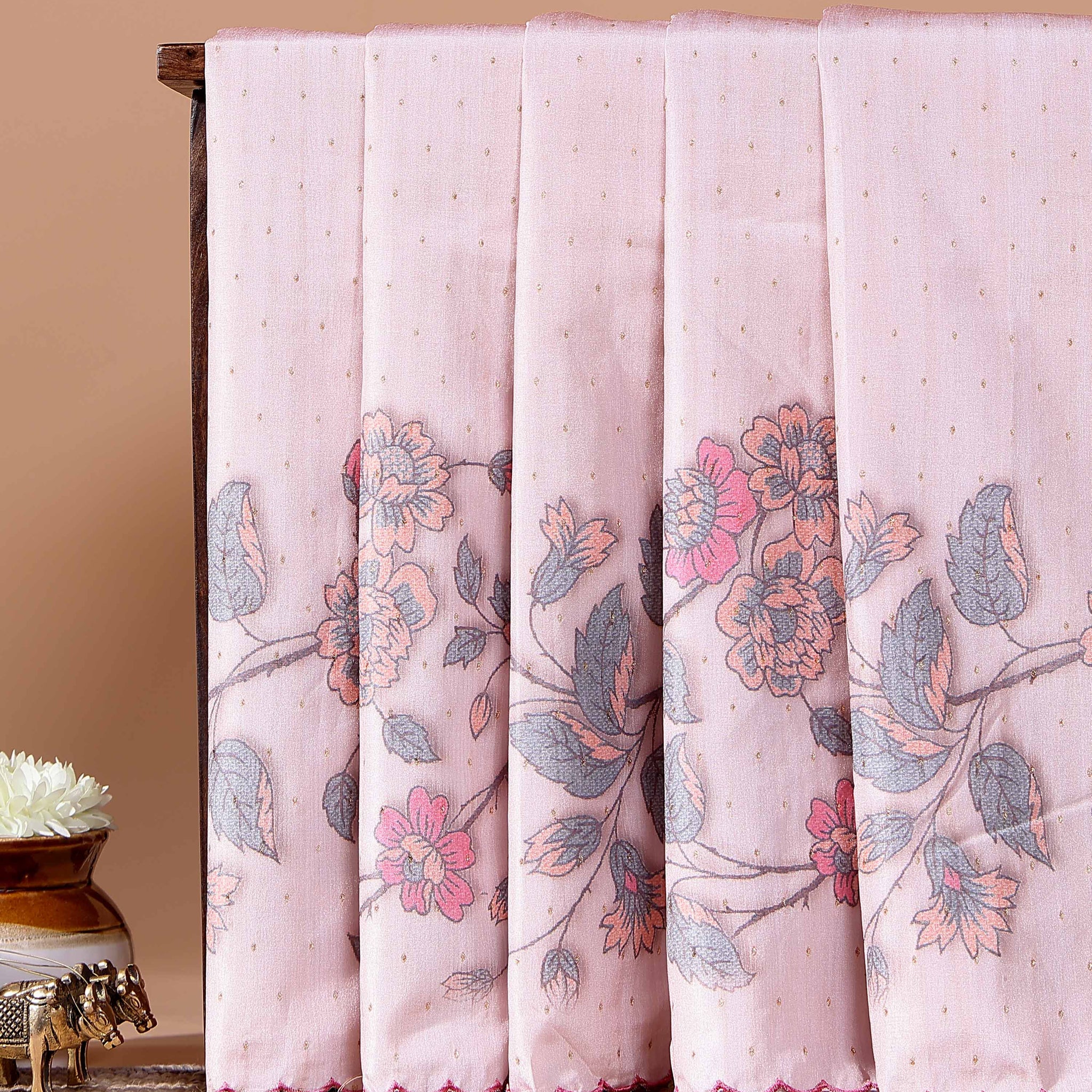 Elegant Semi Tussar Silk Saree with Floral Embroidery and Zari Dots - Light Pink