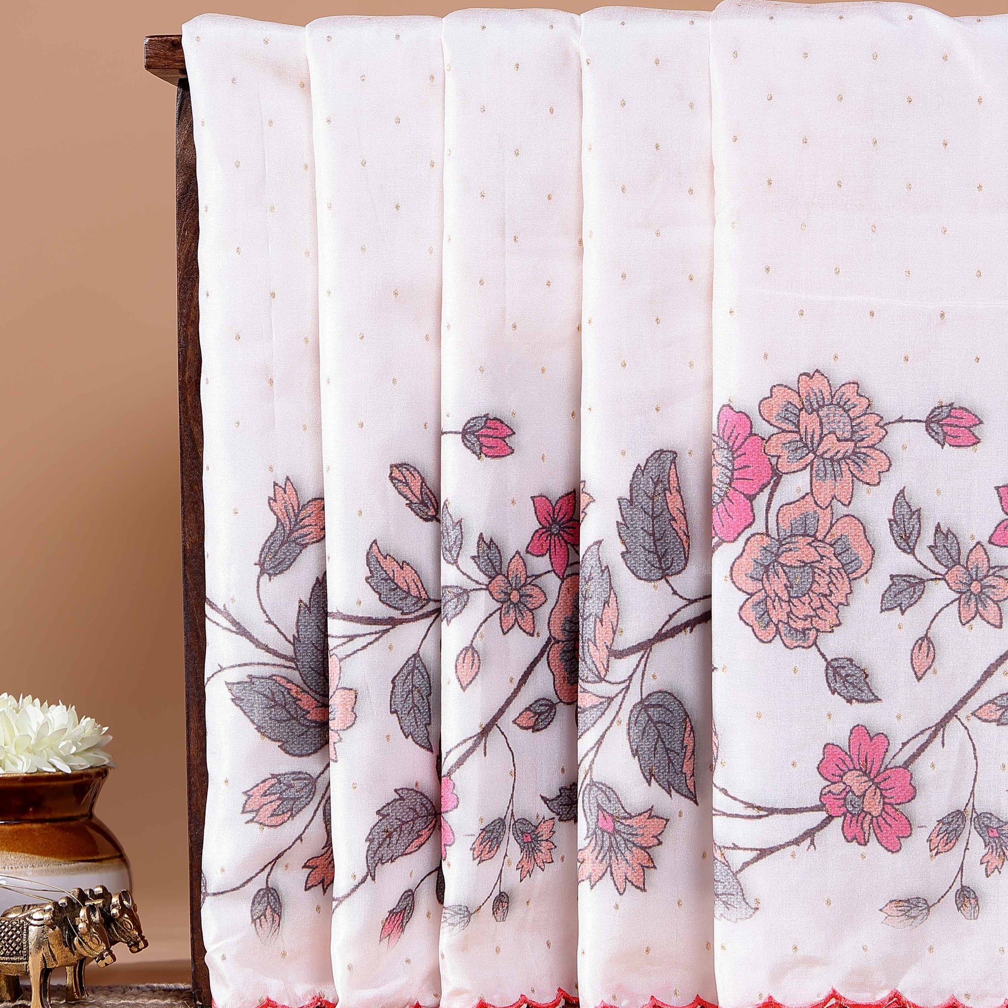 Elegant Semi Tussar Silk Saree with Floral Embroidery and Zari Dots - Off White