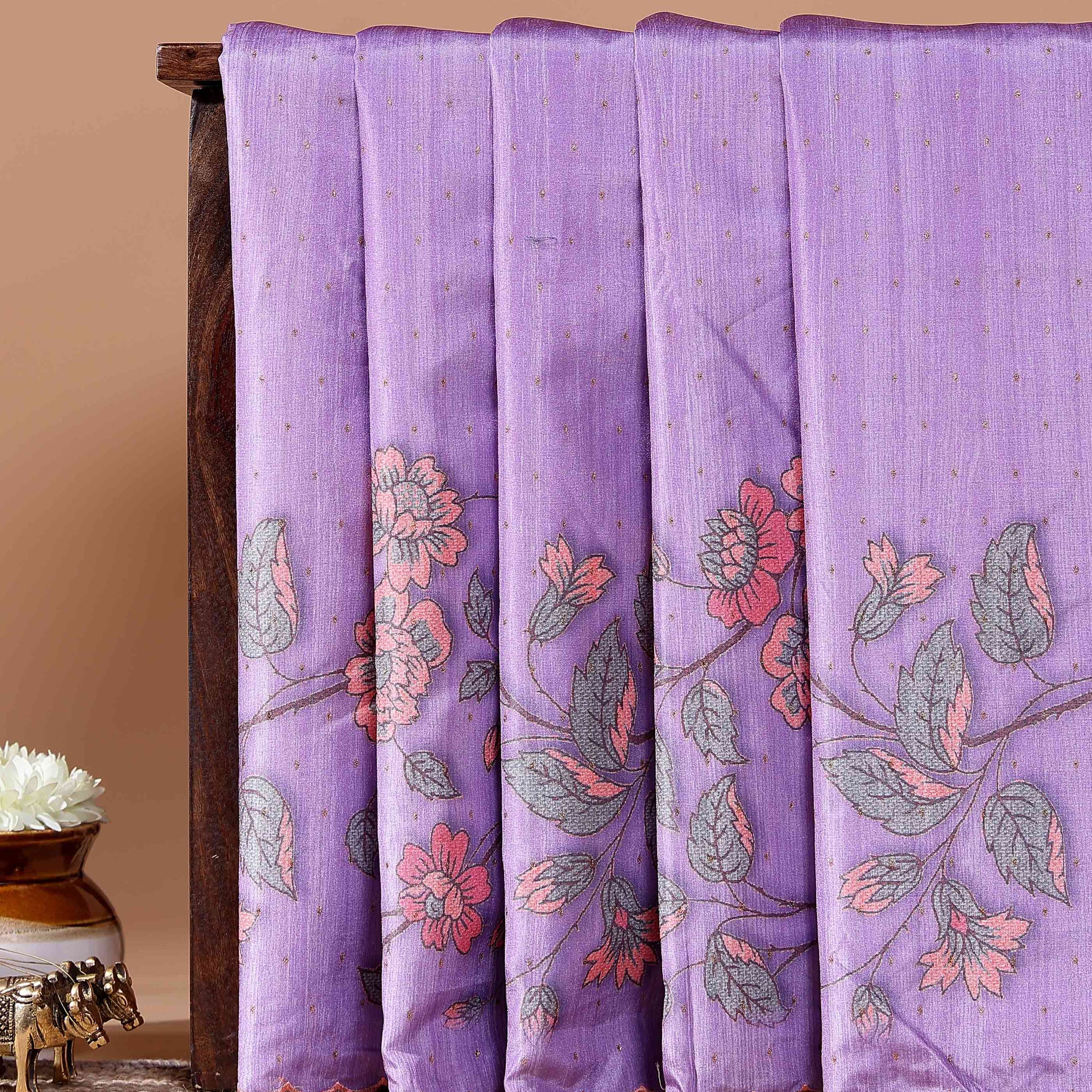 Elegant Semi Tussar Silk Saree with Floral Embroidery and Zari Dots - Purple