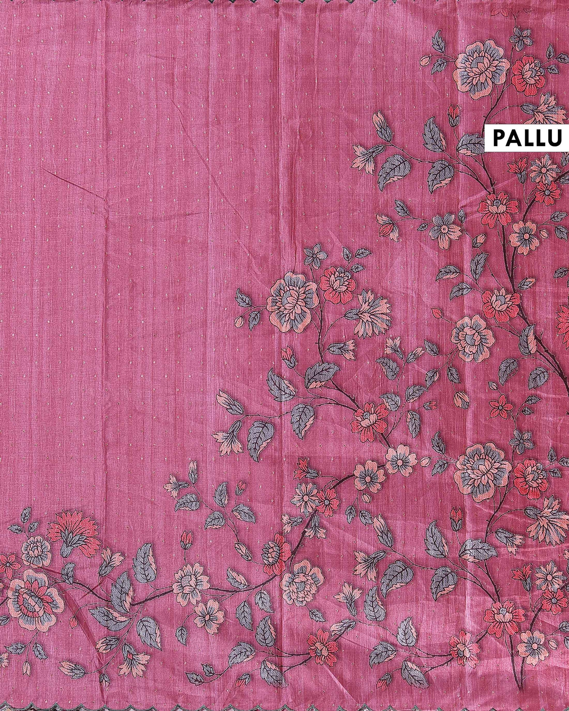 Elegant Semi Tussar Silk Saree with Floral Embroidery and Zari Dots -  Rani Pink