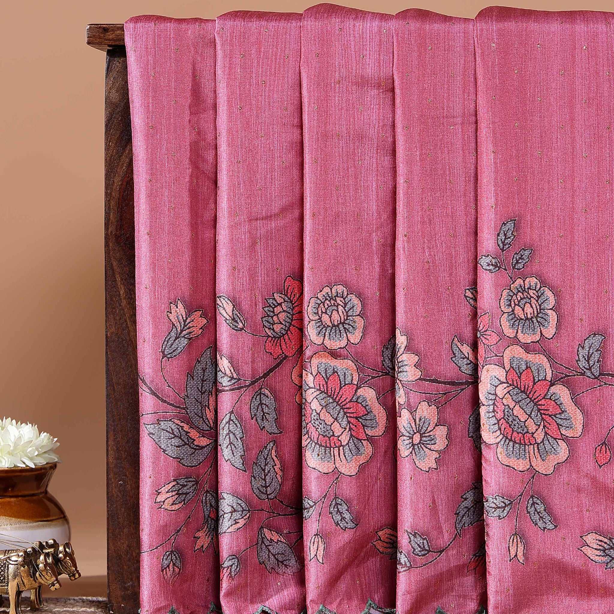 Elegant Semi Tussar Silk Saree with Floral Embroidery and Zari Dots -  Rani Pink