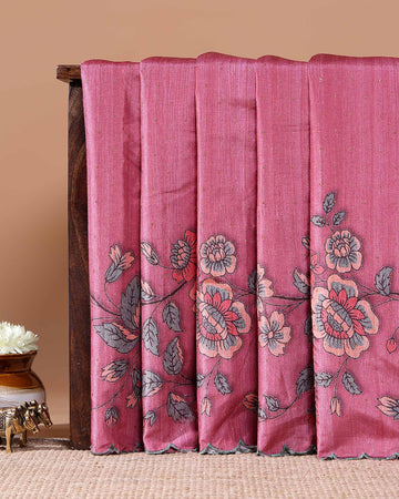 Elegant Semi Tussar Silk Saree with Floral Embroidery and Zari Dots -  Rani Pink
