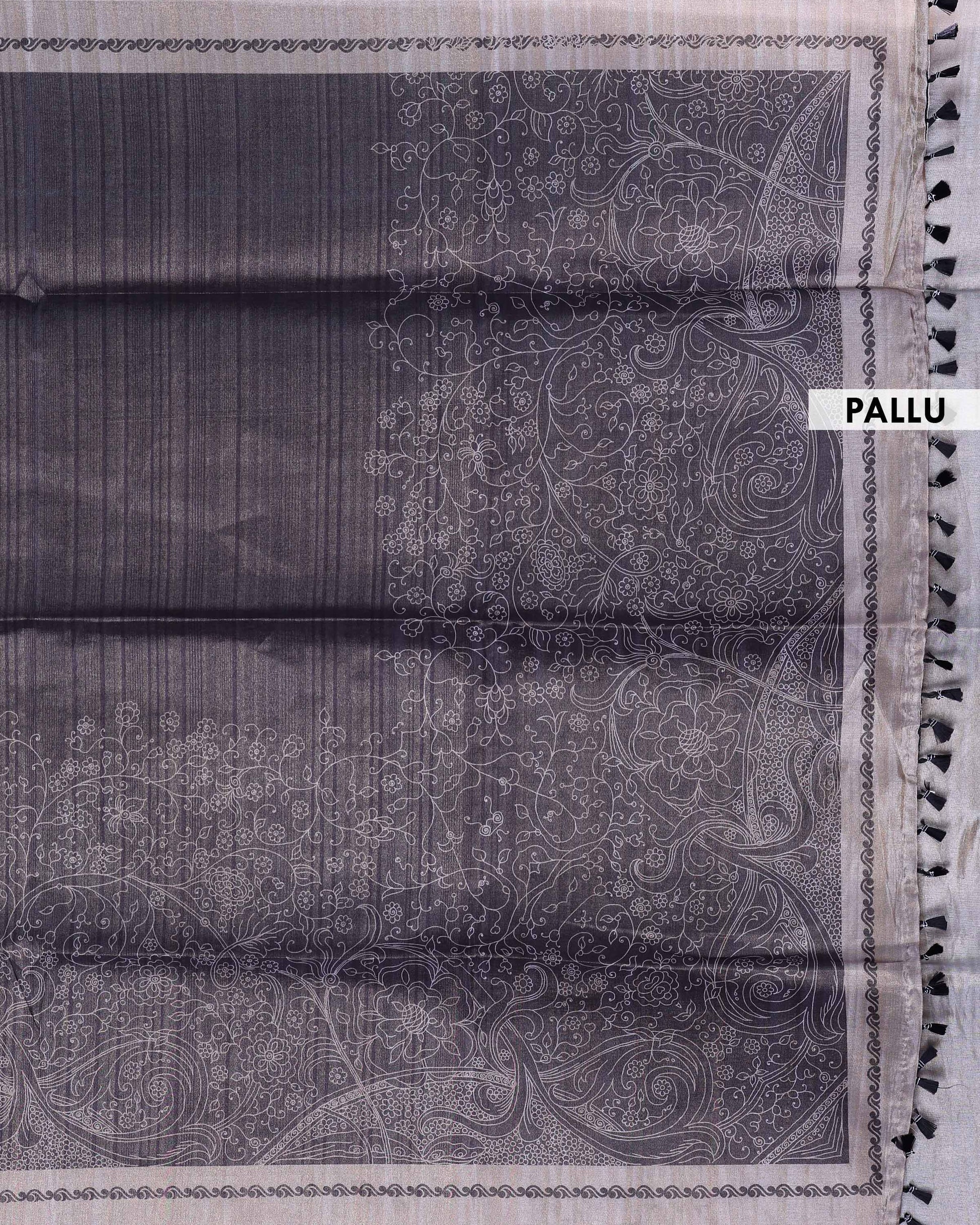 Elegant Semi Tussar Silk Saree with Floral Weave and Classic Contrast Border - Dark Grey-Pallu