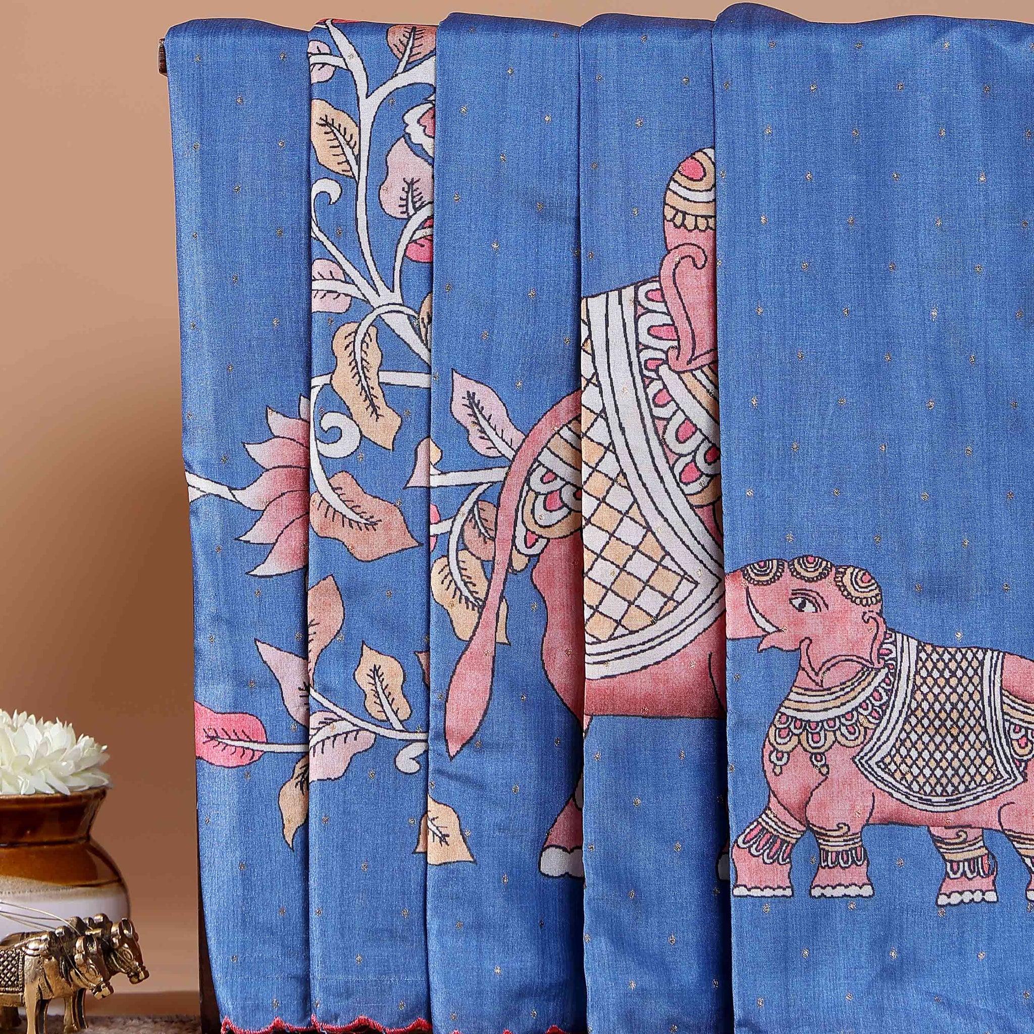 Elegant Semi Tussar Silk Saree with Hand-Painted Elephant and Floral Motifs - Blue