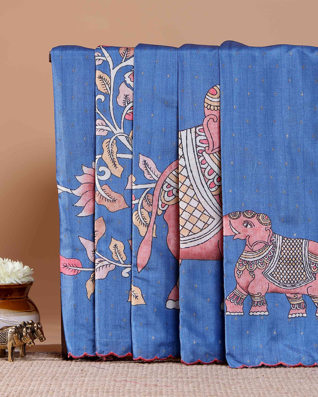 Elegant Semi Tussar Silk Saree with Hand-Painted Elephant and Floral Motifs - Blue