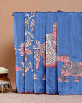 Elegant Semi Tussar Silk Saree with Hand-Painted Elephant and Floral Motifs - Blue