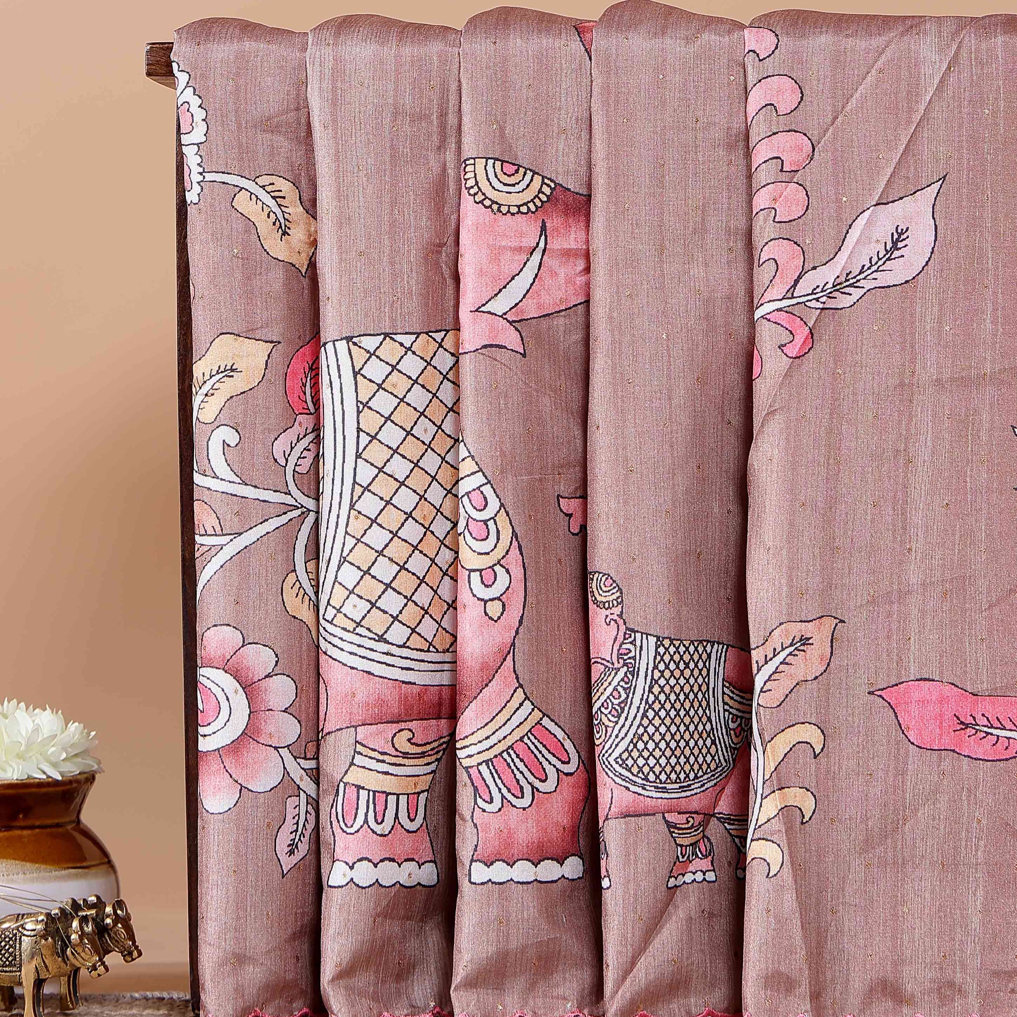 Elegant Semi Tussar Silk Saree with Hand-Painted Elephant and Floral Motifs - Brown