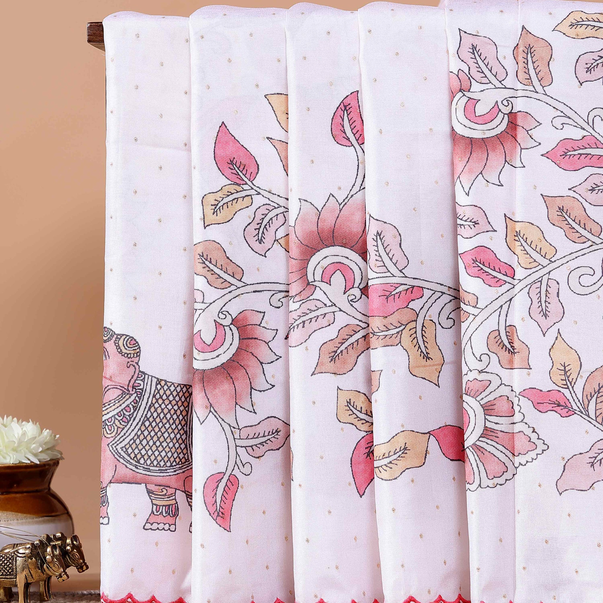 Elegant Semi Tussar Silk Saree with Hand-Painted Elephant and Floral Motifs - White