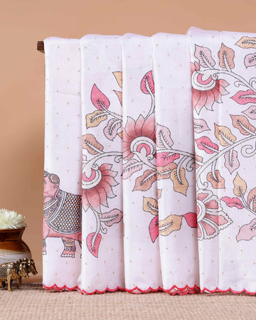 Elegant Semi Tussar Silk Saree with Hand-Painted Elephant and Floral Motifs - White