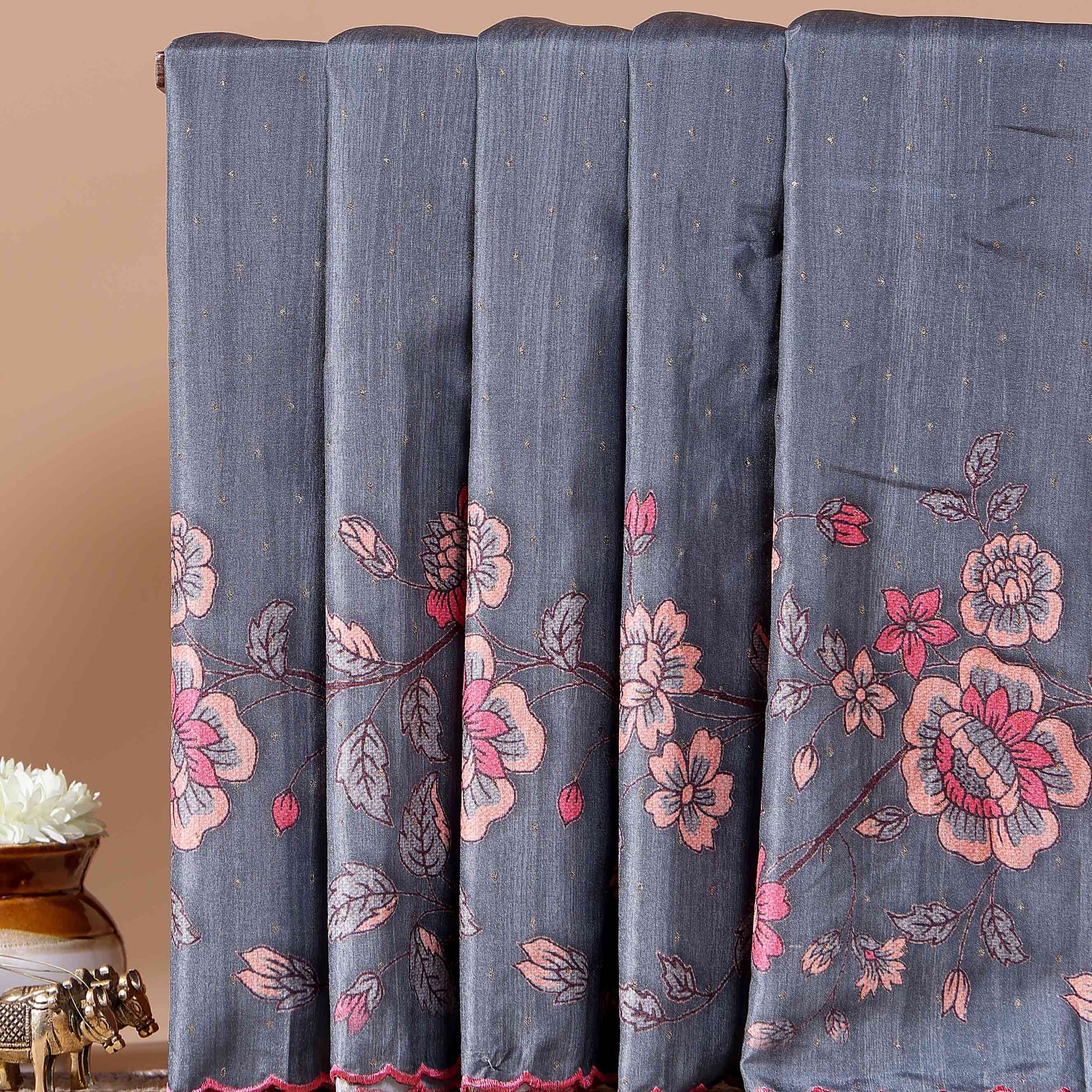 Elegant Semi Tussar Silk Saree with Intricate Floral Embroidery - Dark Grey