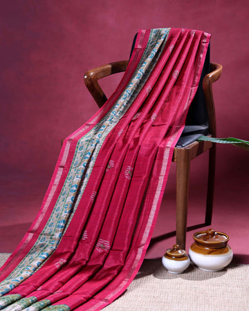 Elegant Semi Tussar Silk Saree with Traditional Elephant and Floral Woven Border - Red