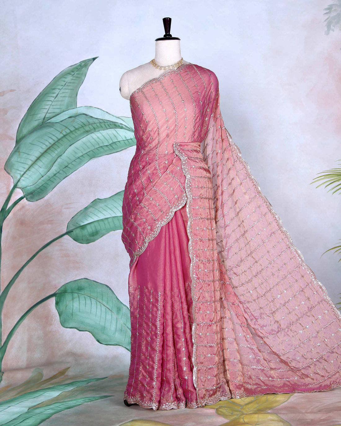 Elegant Sequin Embroidered Fancy Saree with Scalloped Border and Elegant Sheer Pallu - Dusty Rose