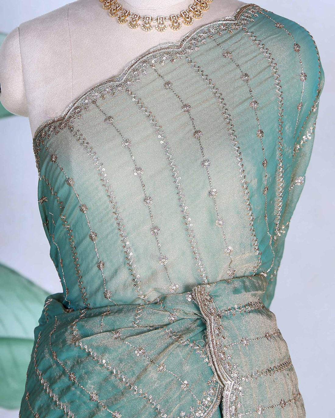 Elegant Sequin Embroidered Fancy Saree with Scalloped Border and Elegant Sheer Pallu - Green