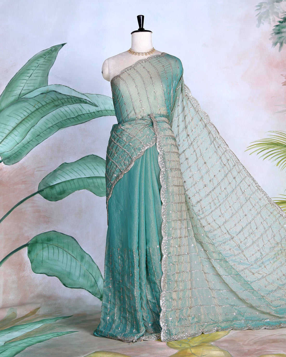 Elegant Sequin Embroidered Fancy Saree with Scalloped Border and Elegant Sheer Pallu - Green