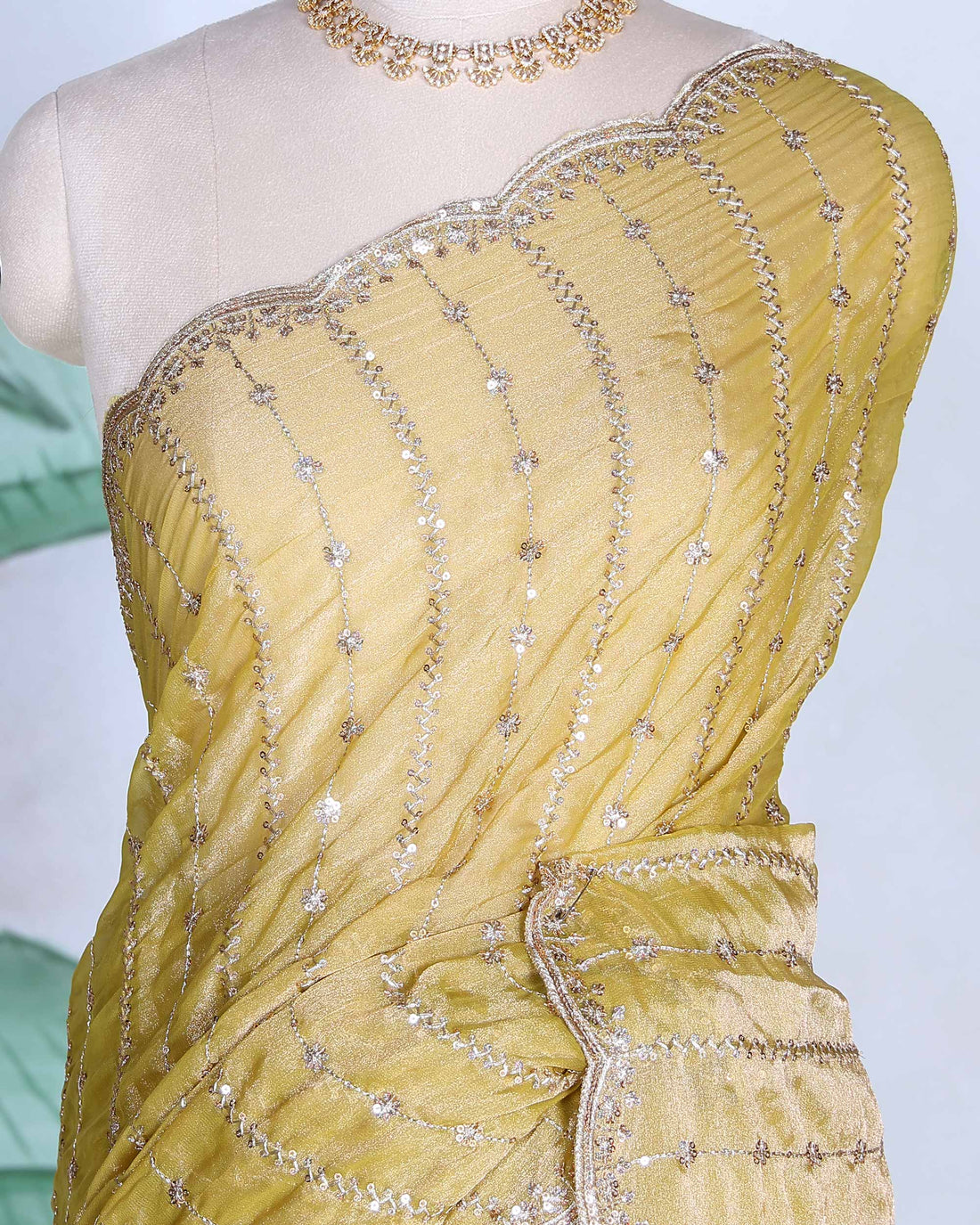 Elegant Sequin Embroidered Fancy Saree with Scalloped Border and Elegant Sheer Pallu - Mustard Yellow