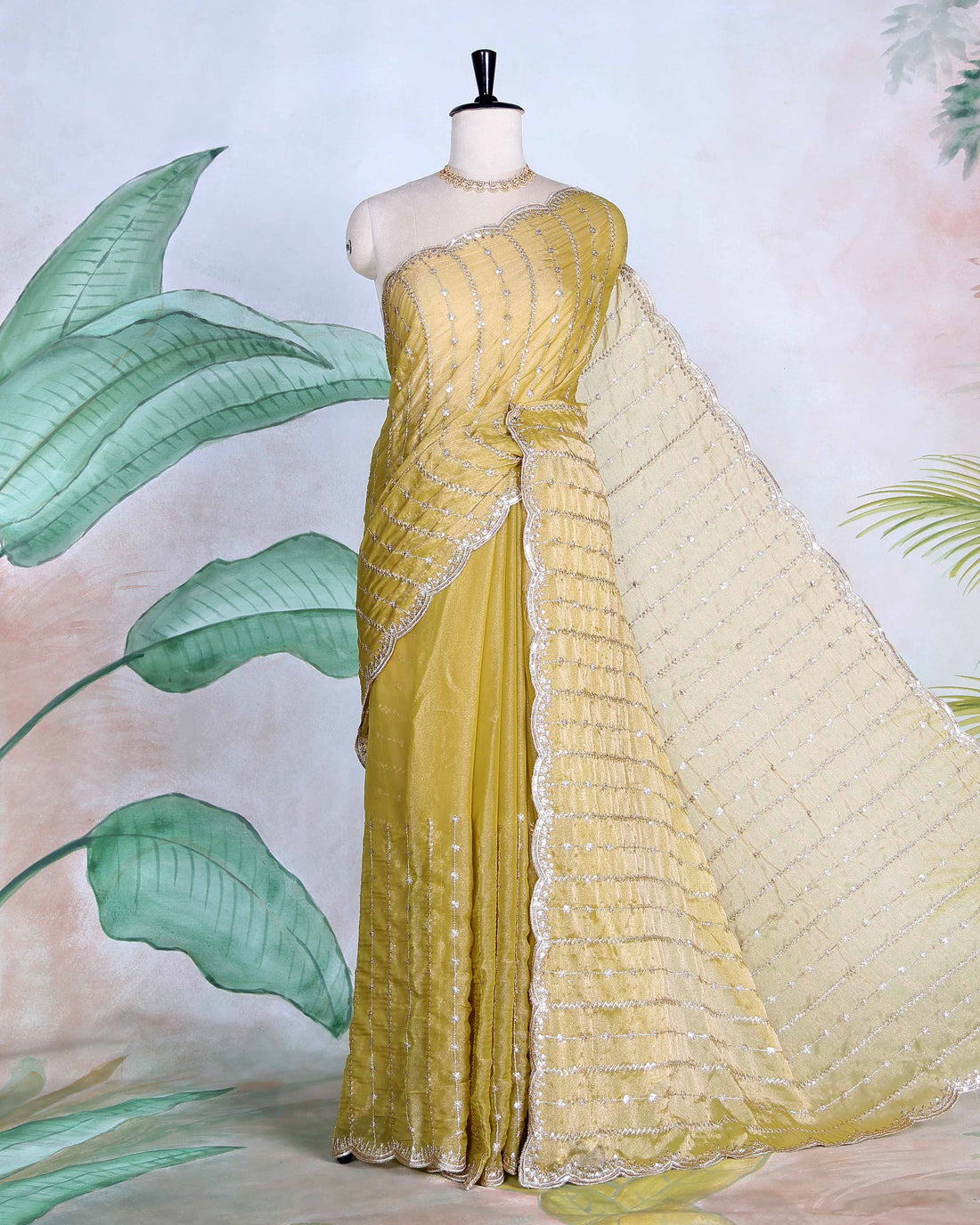 Elegant Sequin Embroidered Fancy Saree with Scalloped Border and Elegant Sheer Pallu - Mustard Yellow