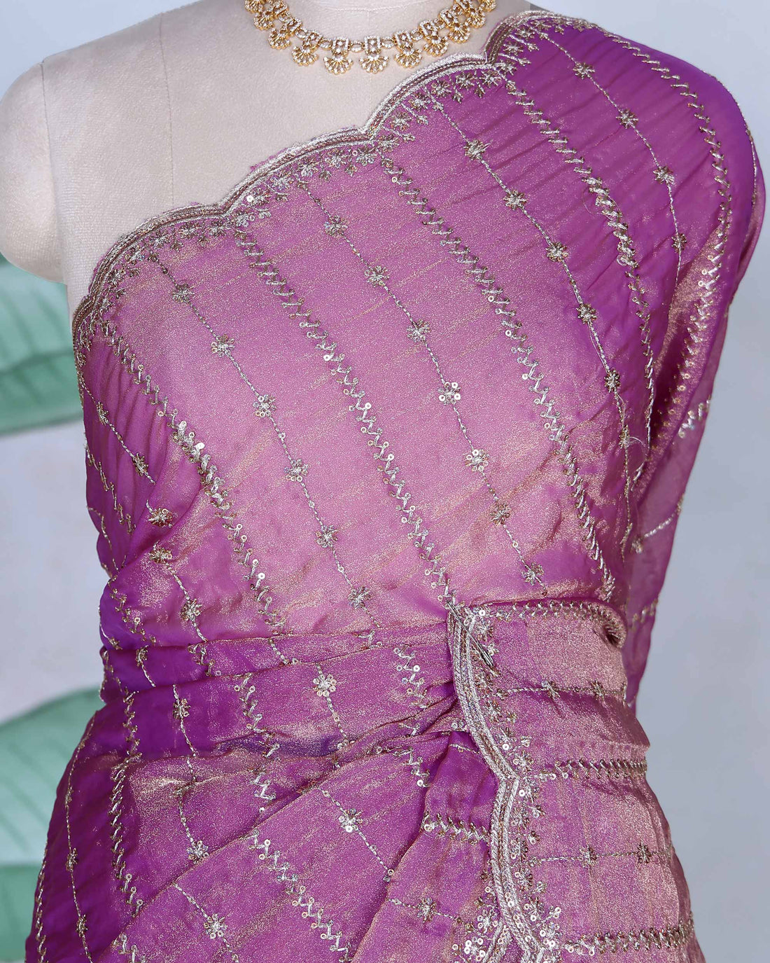 Elegant Sequin Embroidered Fancy Saree with Scalloped Border and Elegant Sheer Pallu - Purple