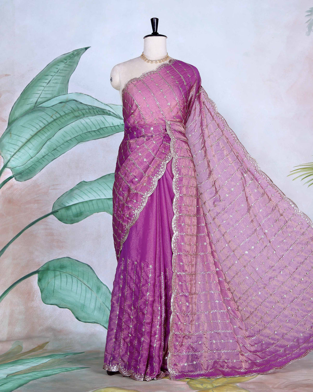 Elegant Sequin Embroidered Fancy Saree with Scalloped Border and Elegant Sheer Pallu - Purple