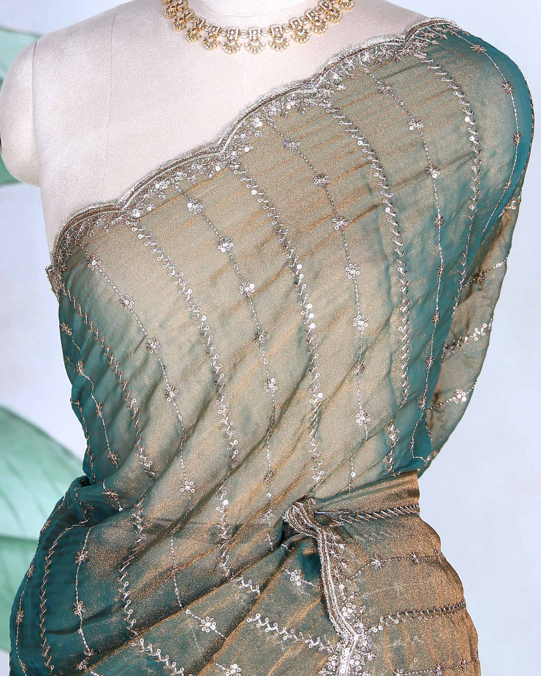 Elegant Sequin Embroidered Fancy Saree with Scalloped Border and Elegant Sheer Pallu - Teal Green