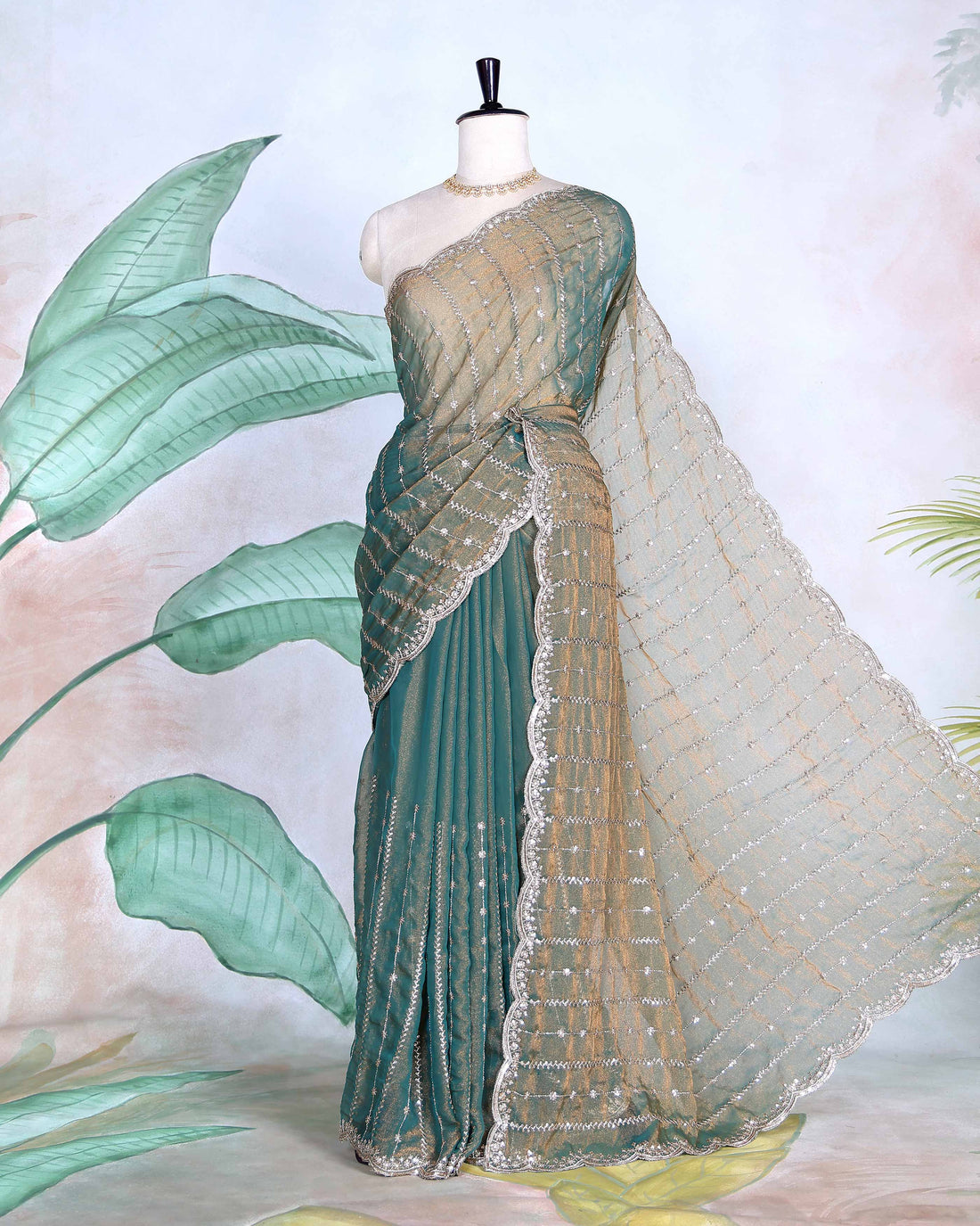 Elegant Sequin Embroidered Fancy Saree with Scalloped Border and Elegant Sheer Pallu - Teal Green