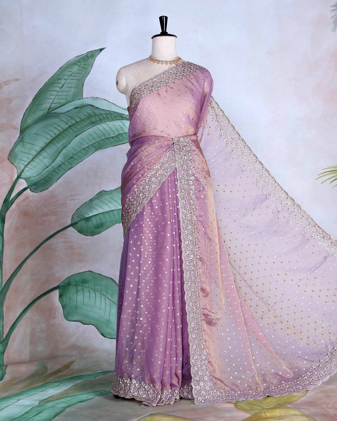 Elegant Sequins & Thread Embroidered Fancy Saree with Intricate Floral Border and Graceful Pallu - Light Purple