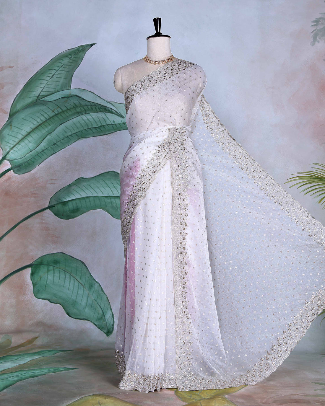Elegant Sequins & Thread Embroidered Fancy Saree with Intricate Floral Border and Graceful Pallu - Off White