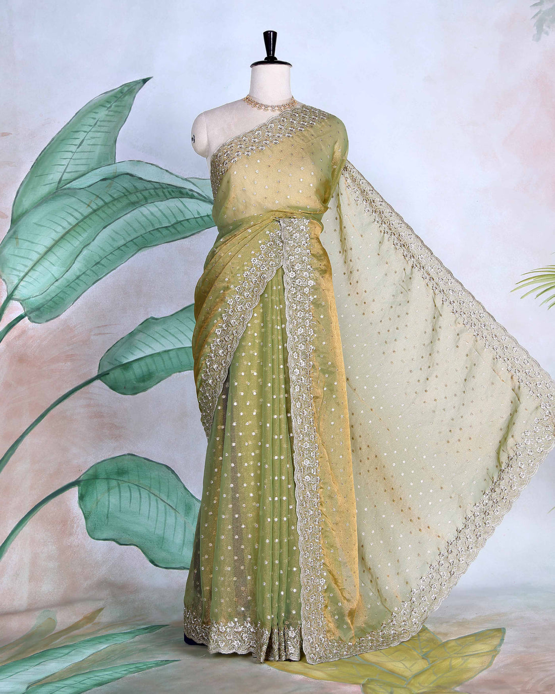 Elegant Sequins & Thread Embroidered Fancy Saree with Intricate Floral Border and Graceful Pallu - Olive Green