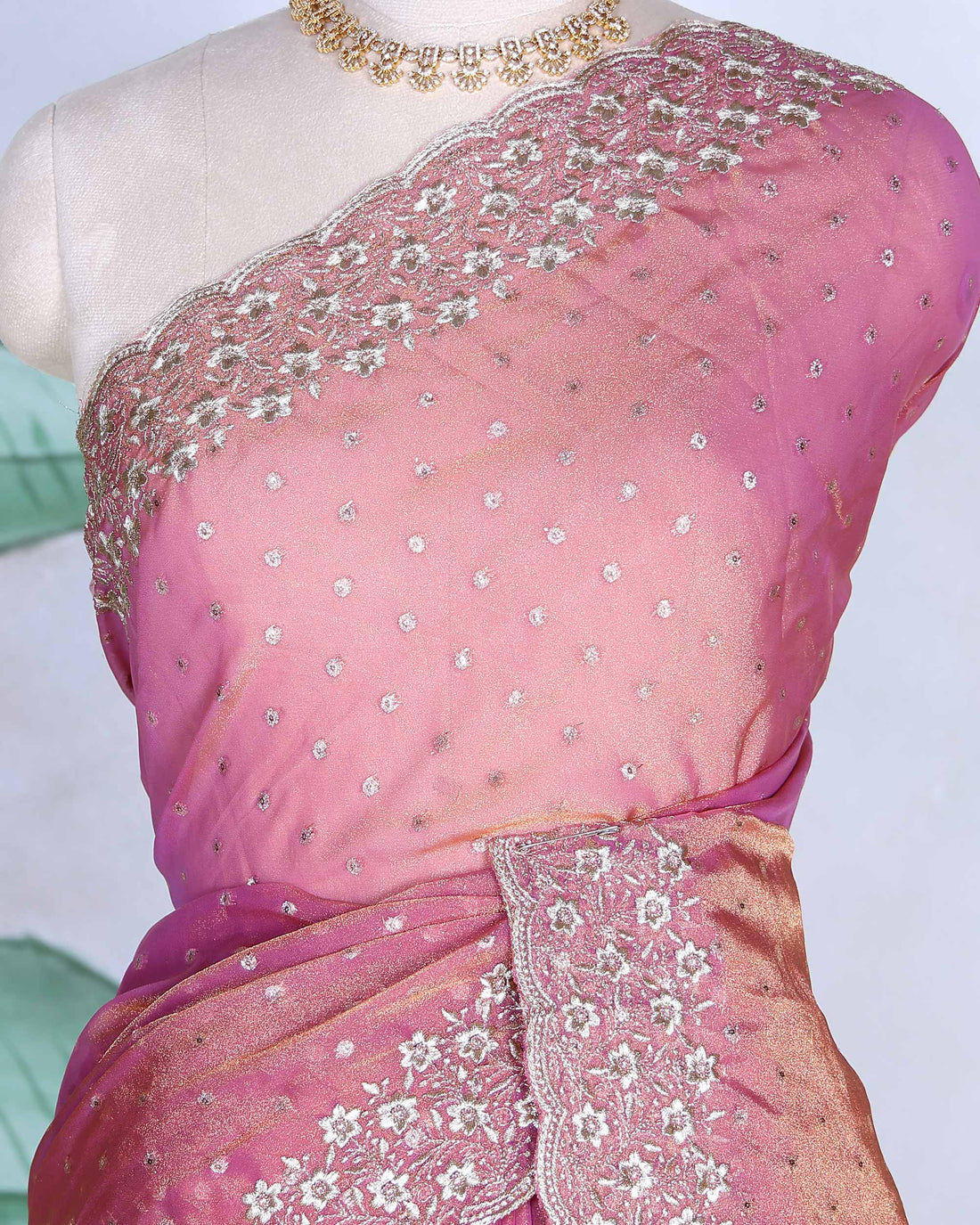 Elegant Sequins & Thread Embroidered Fancy Saree with Intricate Floral Border and Graceful Pallu - Pink