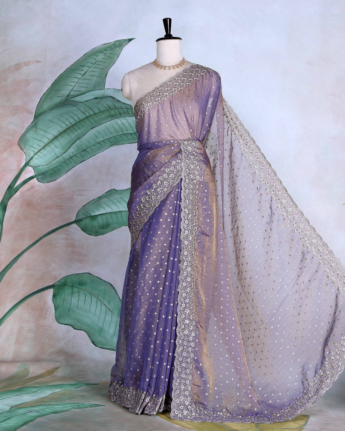 Elegant Sequins & Thread Embroidered Fancy Saree with Intricate Floral Border and Graceful Pallu - Purple