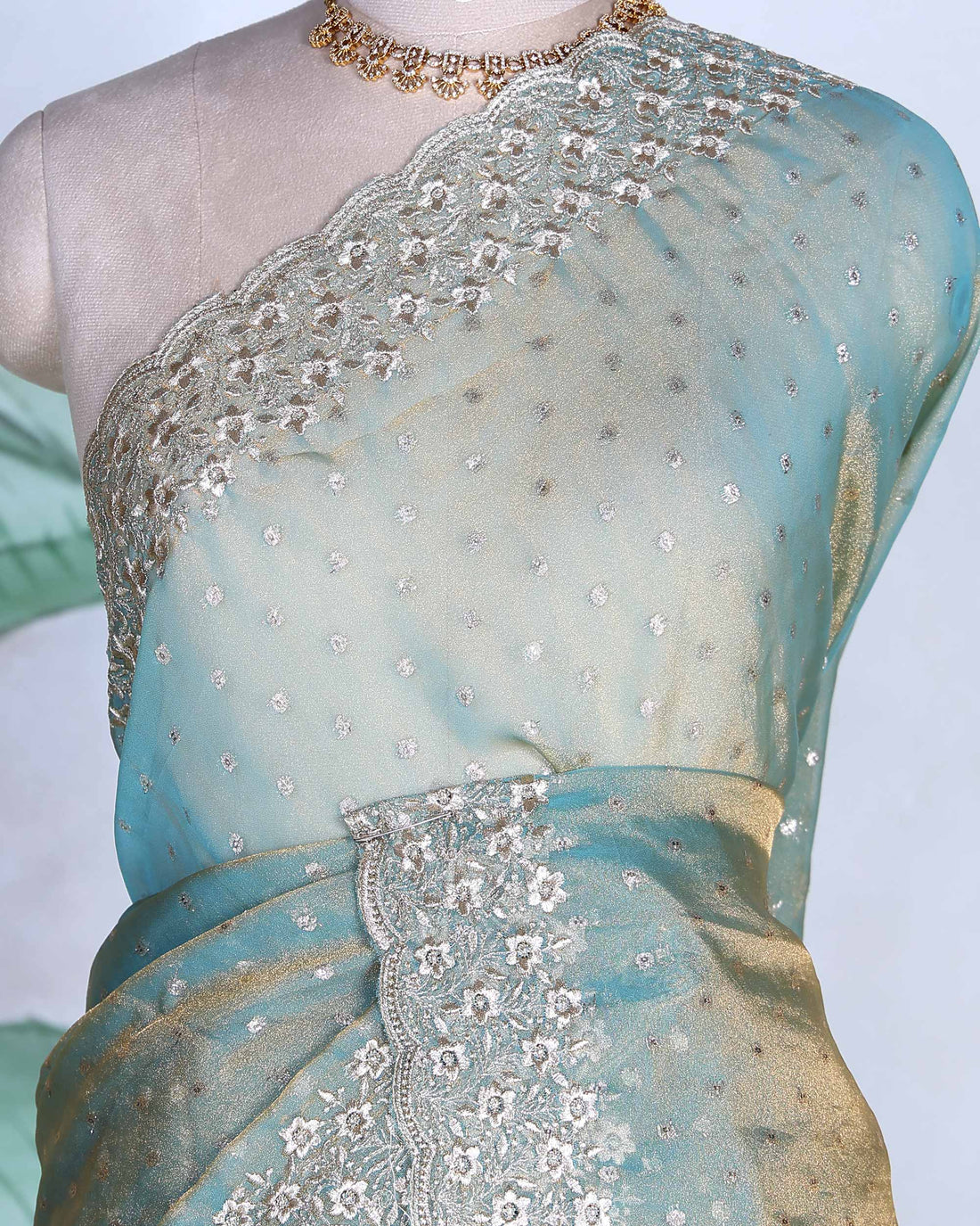 Elegant Sequins & Thread Embroidered Fancy Saree with Intricate Floral Border and Graceful Pallu - Sea Green