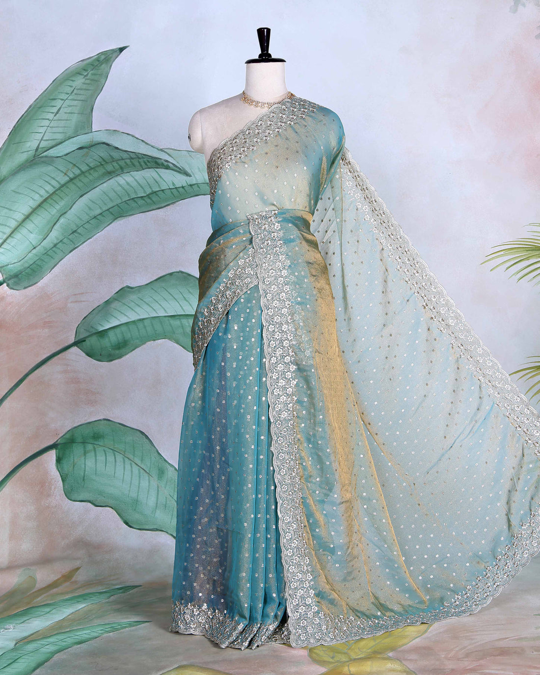 Elegant Sequins & Thread Embroidered Fancy Saree with Intricate Floral Border and Graceful Pallu - Sea Green