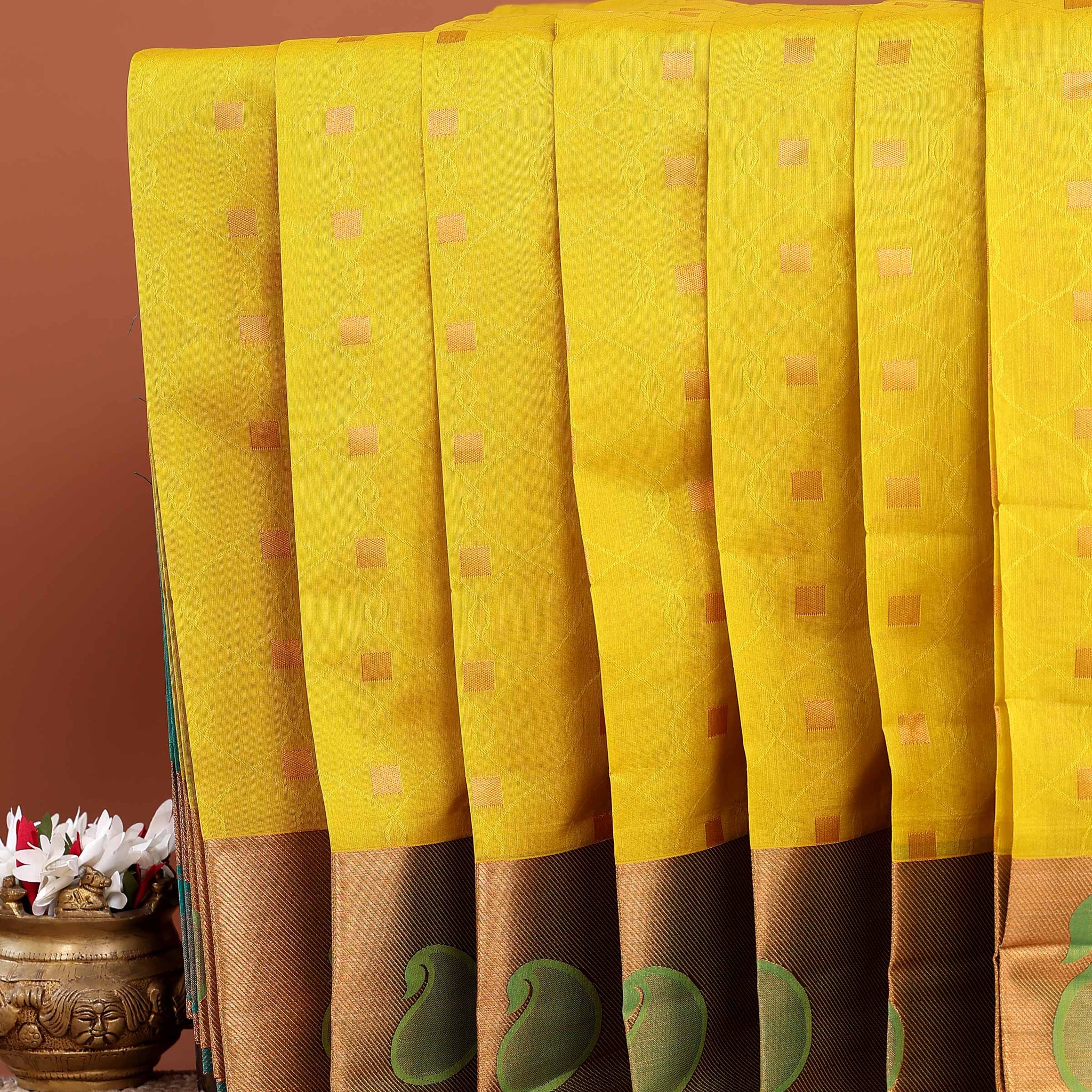 Elegant Silk Cotton Saree Intricate Woven Motifs and Contrast Border  - Yellow