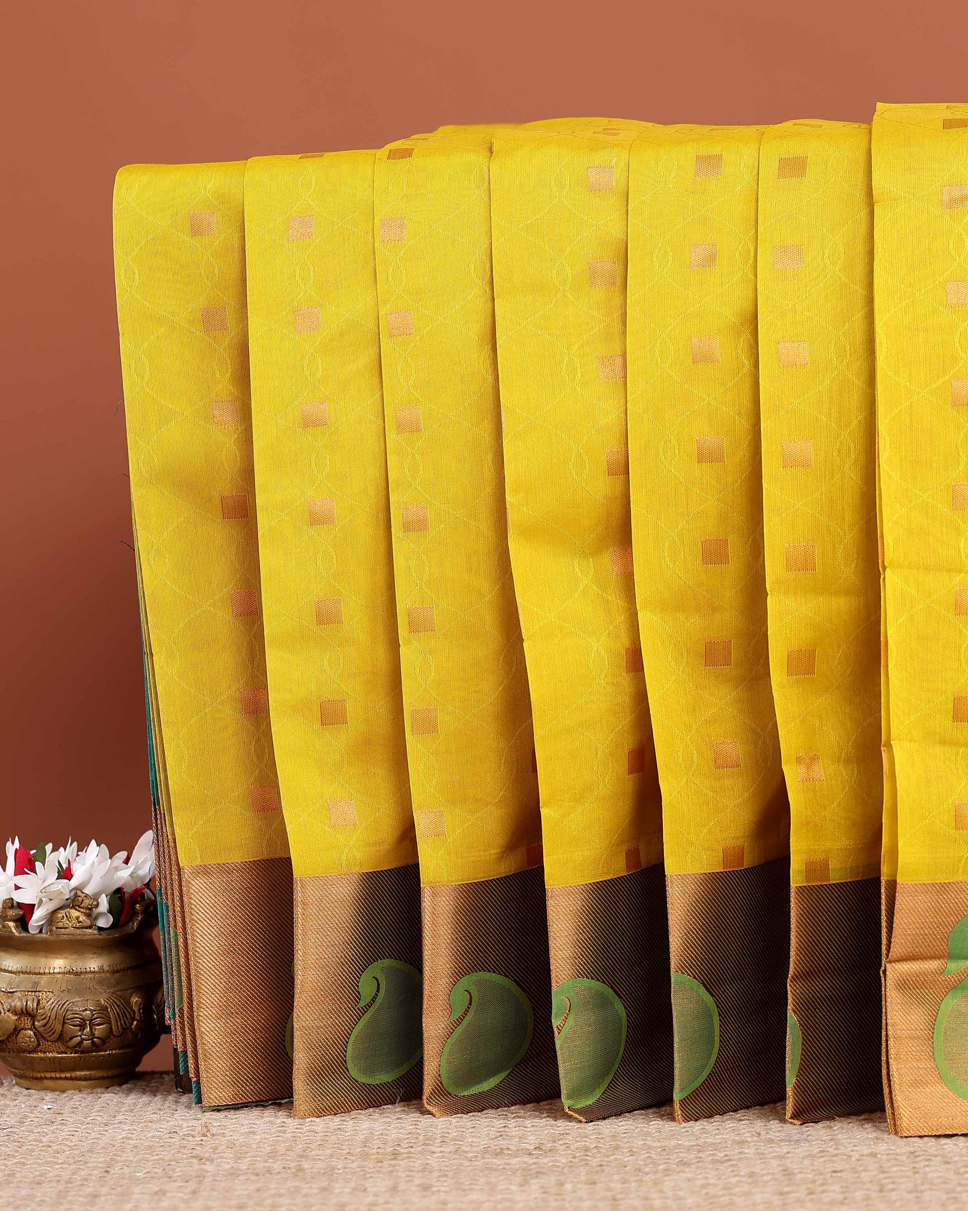 Elegant Silk Cotton Saree Intricate Woven Motifs and Contrast Border  - Yellow
