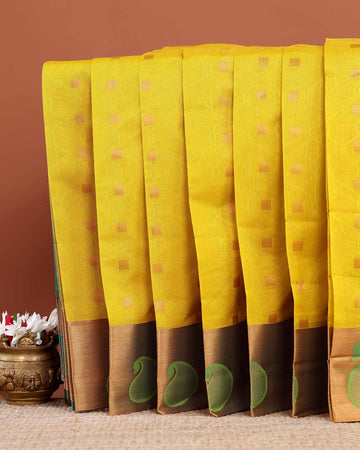 Elegant Silk Cotton Saree Intricate Woven Motifs and Contrast Border  - Yellow